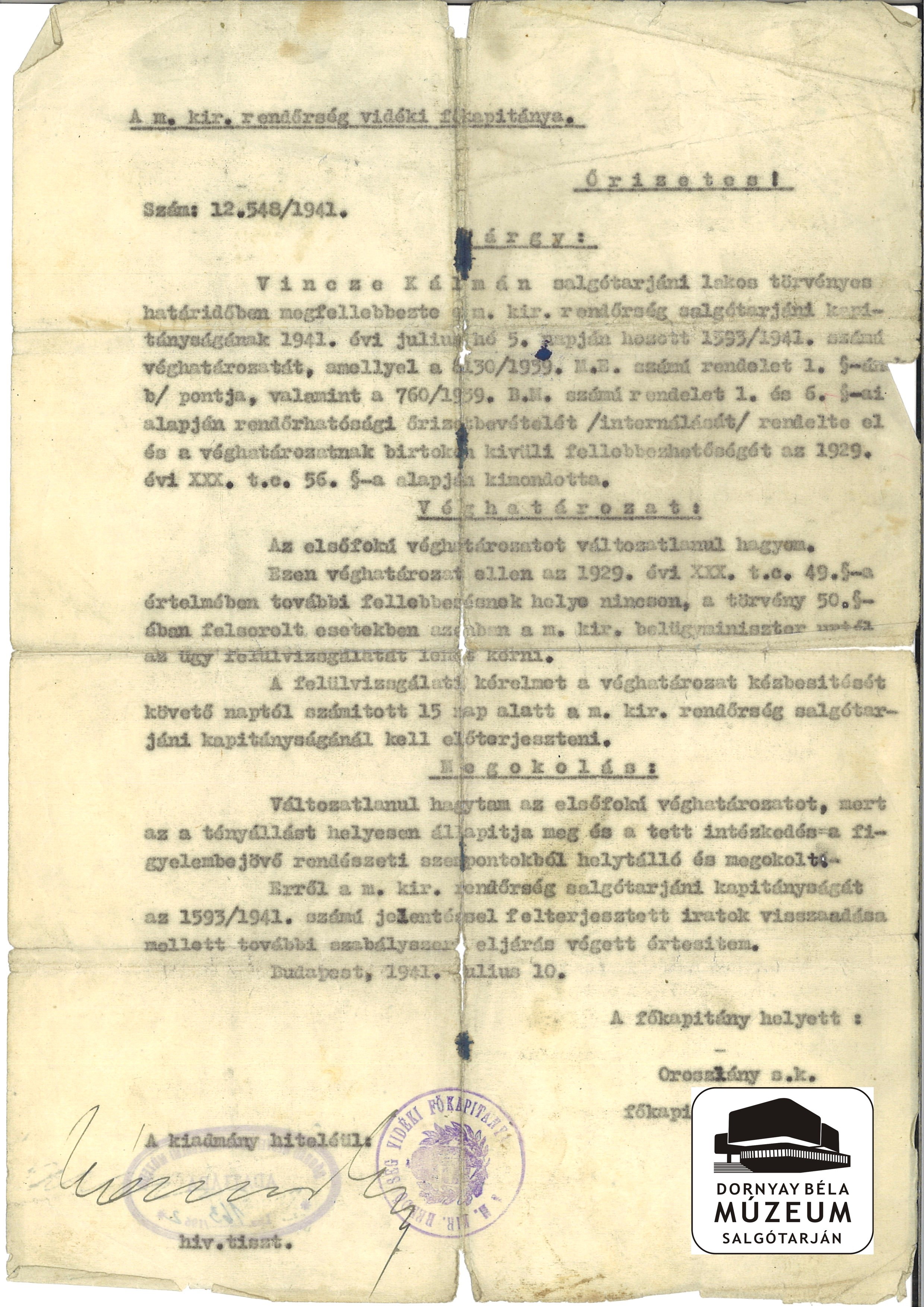 Vincze Kálmán rendőri felügyeletének megfellebezését nem fogadták el (Dornyay Béla Múzeum, Salgótarján CC BY-NC-SA)