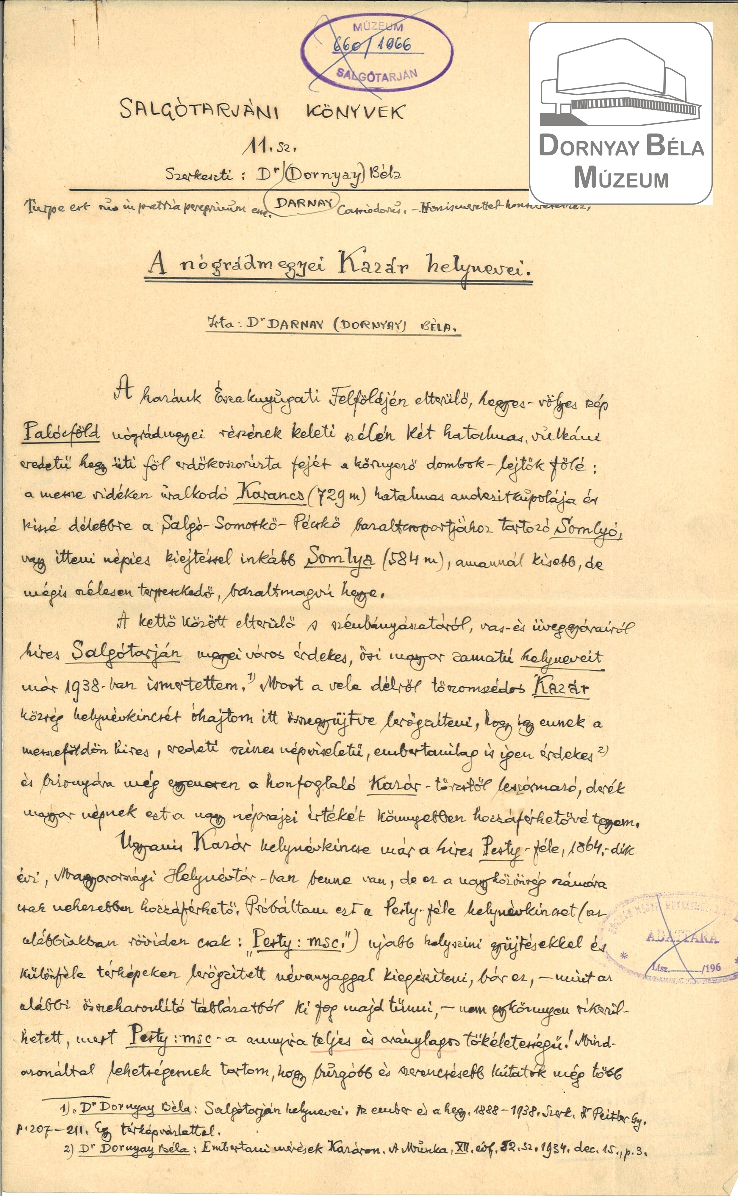 Dornyay Béla: A nógrádmegyeri Kazár helynevei (kézirat) (Dornyay Béla Múzeum CC BY-NC-SA)