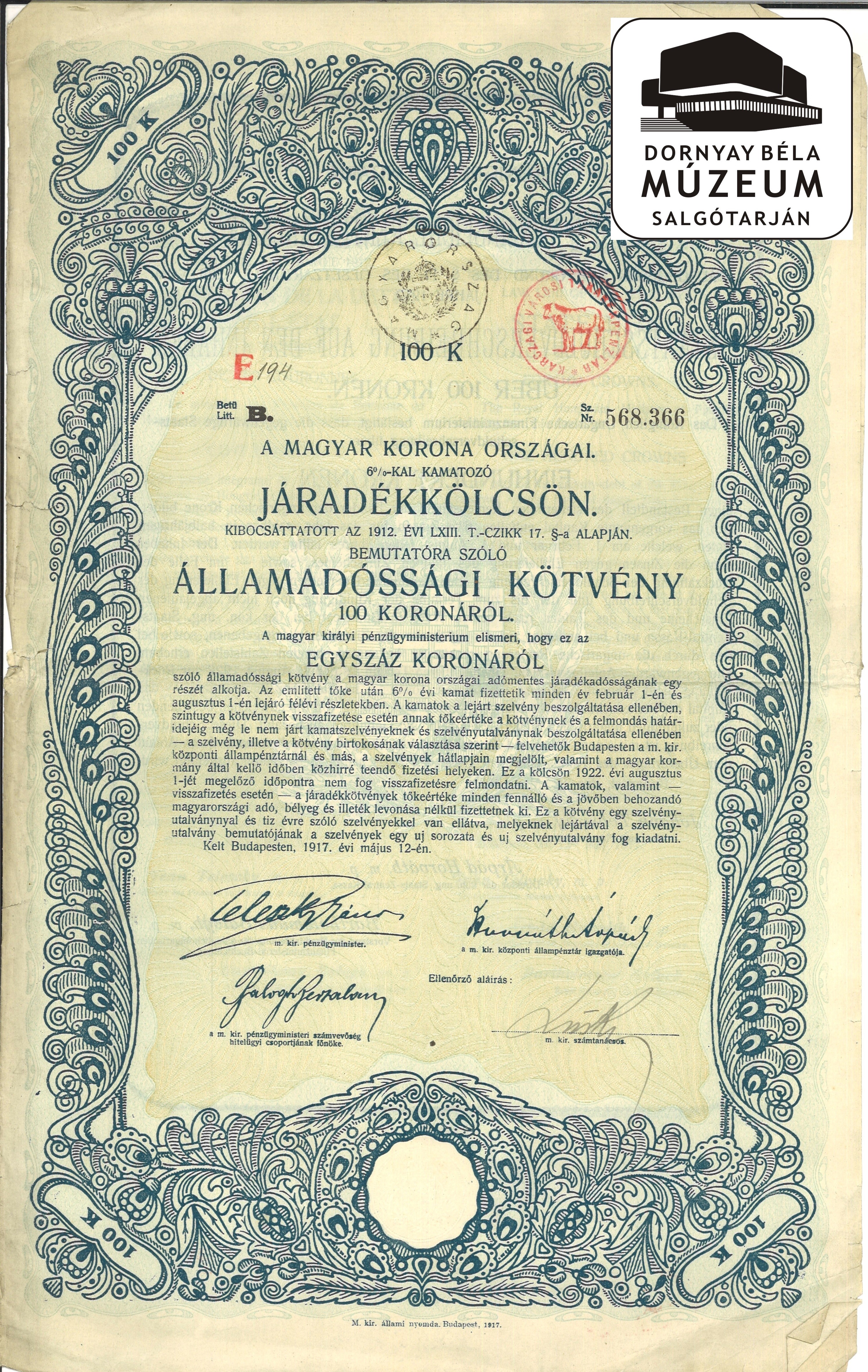 Államadósági kötvény 100 koronáról (Dornyay Béla Múzeum, Salgótarján CC BY-NC-SA)