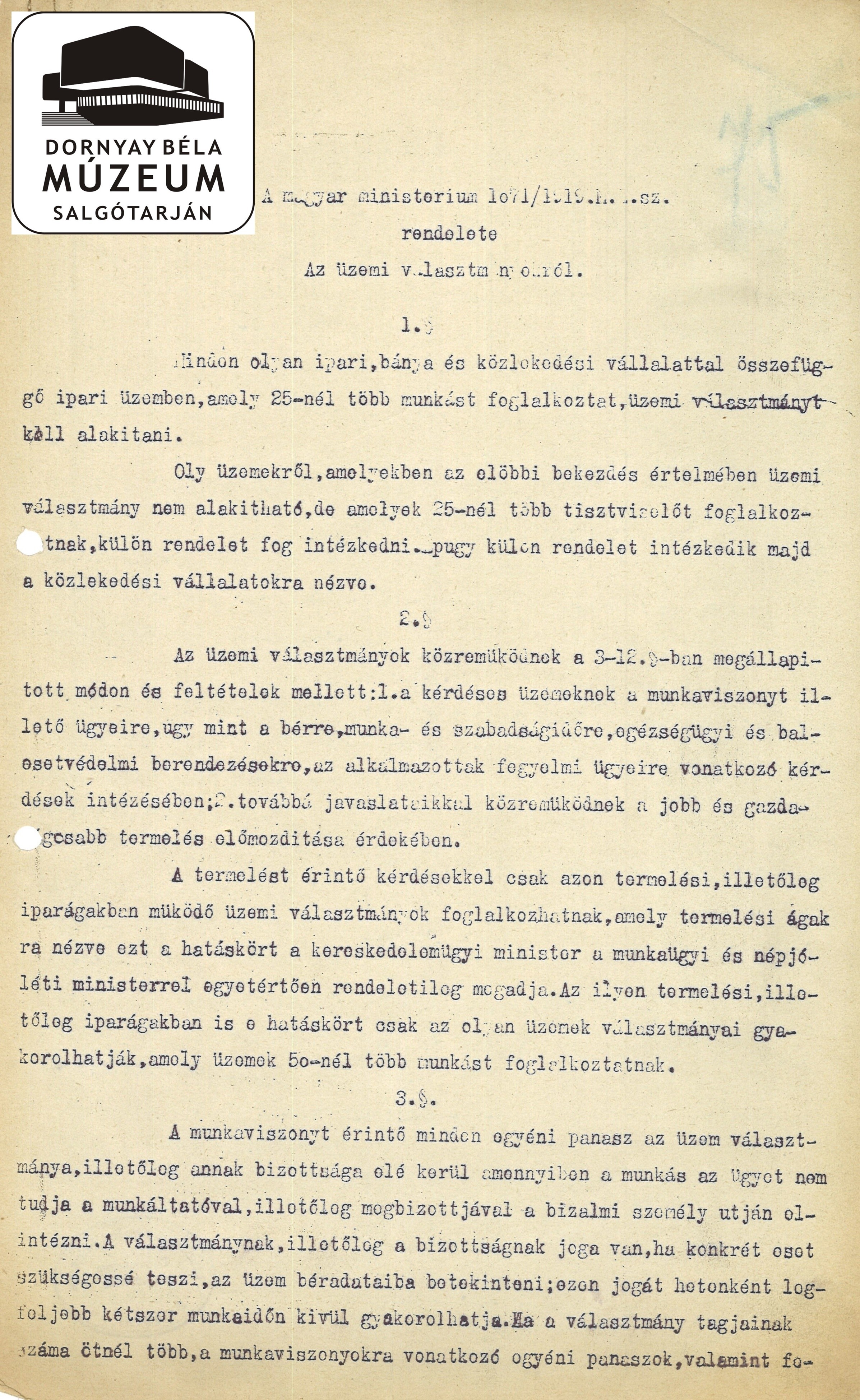 A minisztérium rendelete az üzemi választmányokról (1071/1919) (Dornyay Béla Múzeum, Salgótarján CC BY-NC-SA)