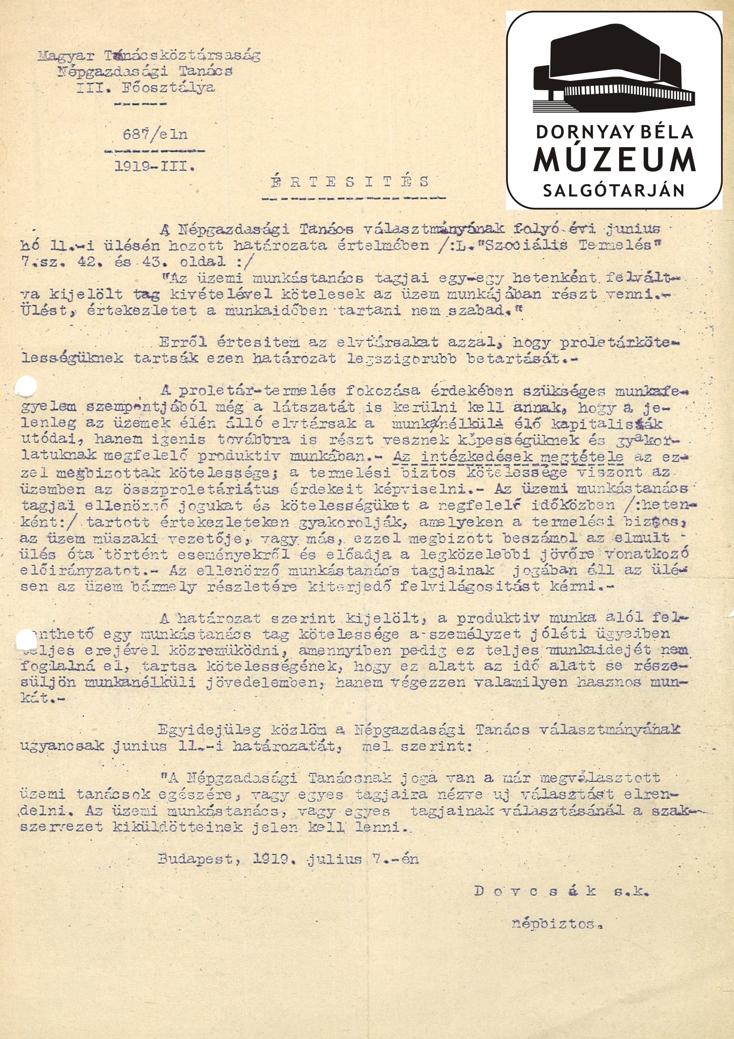 A Szoc. Term. Népbiztosságának értesítése az üzemi munkástanács tagjainak munkaidő beosztásáról (Dornyay Béla Múzeum CC BY-NC-SA)