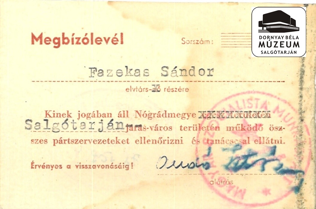 Fazekas Sándor MSzMP megbízólevele (Dornyay Béla Múzeum CC BY-NC-SA)