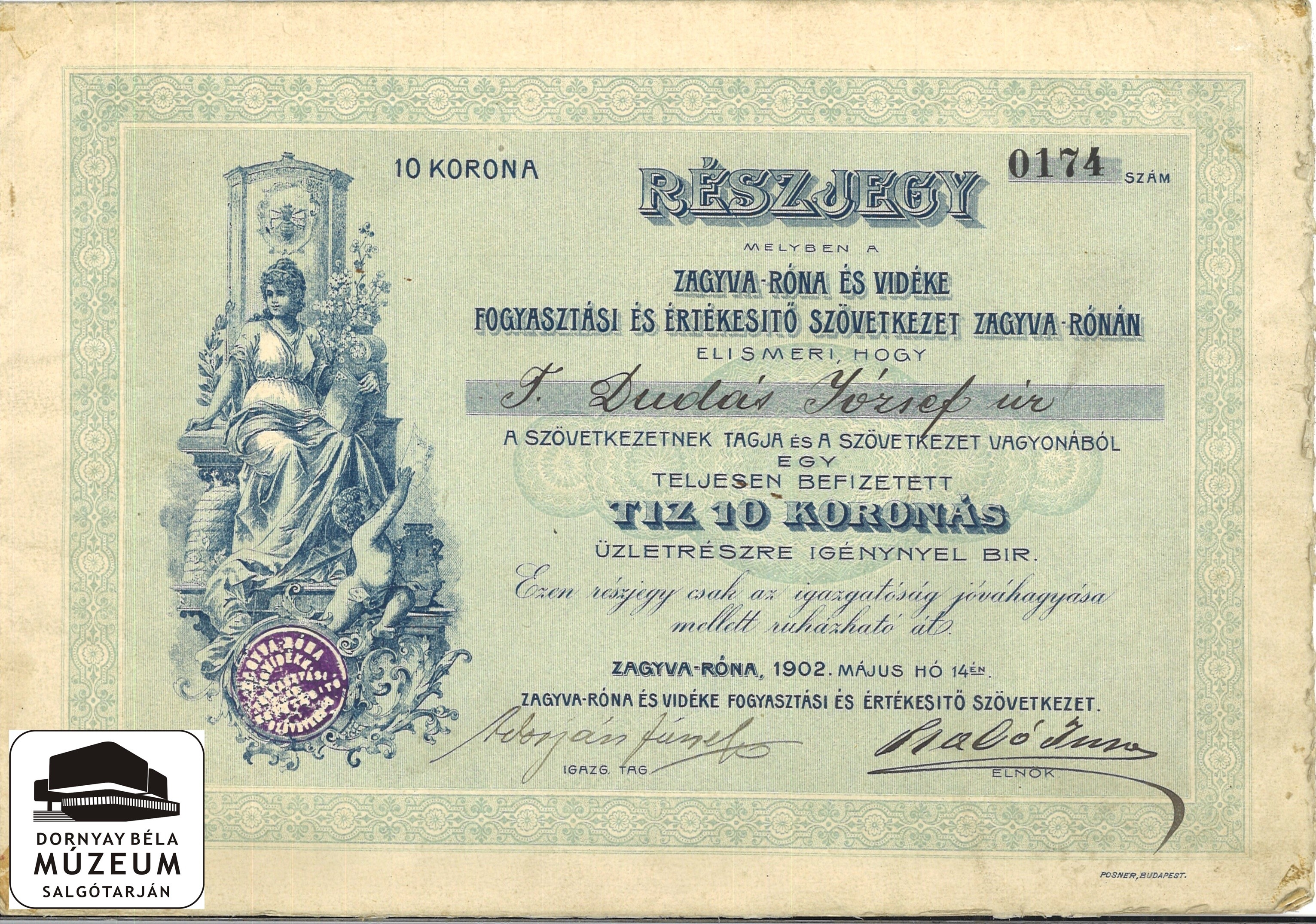 Dudás József Zagyvaróna és Vidéke Fogy. És Ért. Szöv. 10 koronás részvénye (Dornyay Béla Múzeum CC BY-NC-SA)