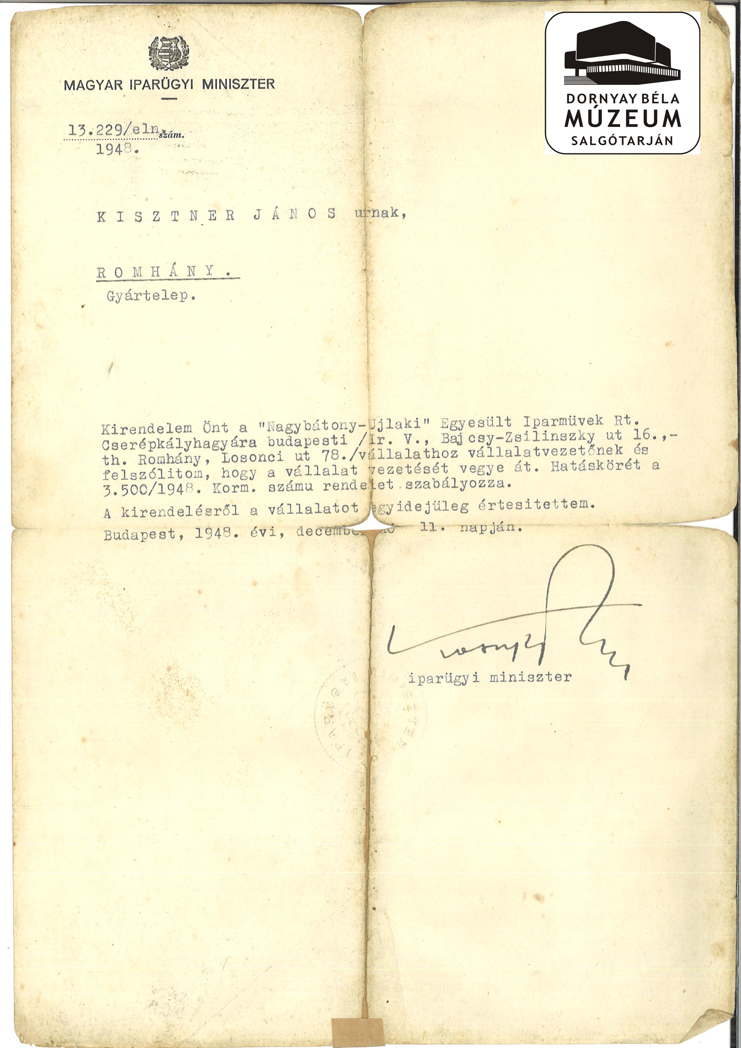 Kisztner János vállalatvezetői kinevezése Romhányi Cserépkályhagyár (Dornyay Béla Múzeum, Salgótarján CC BY-NC-SA)