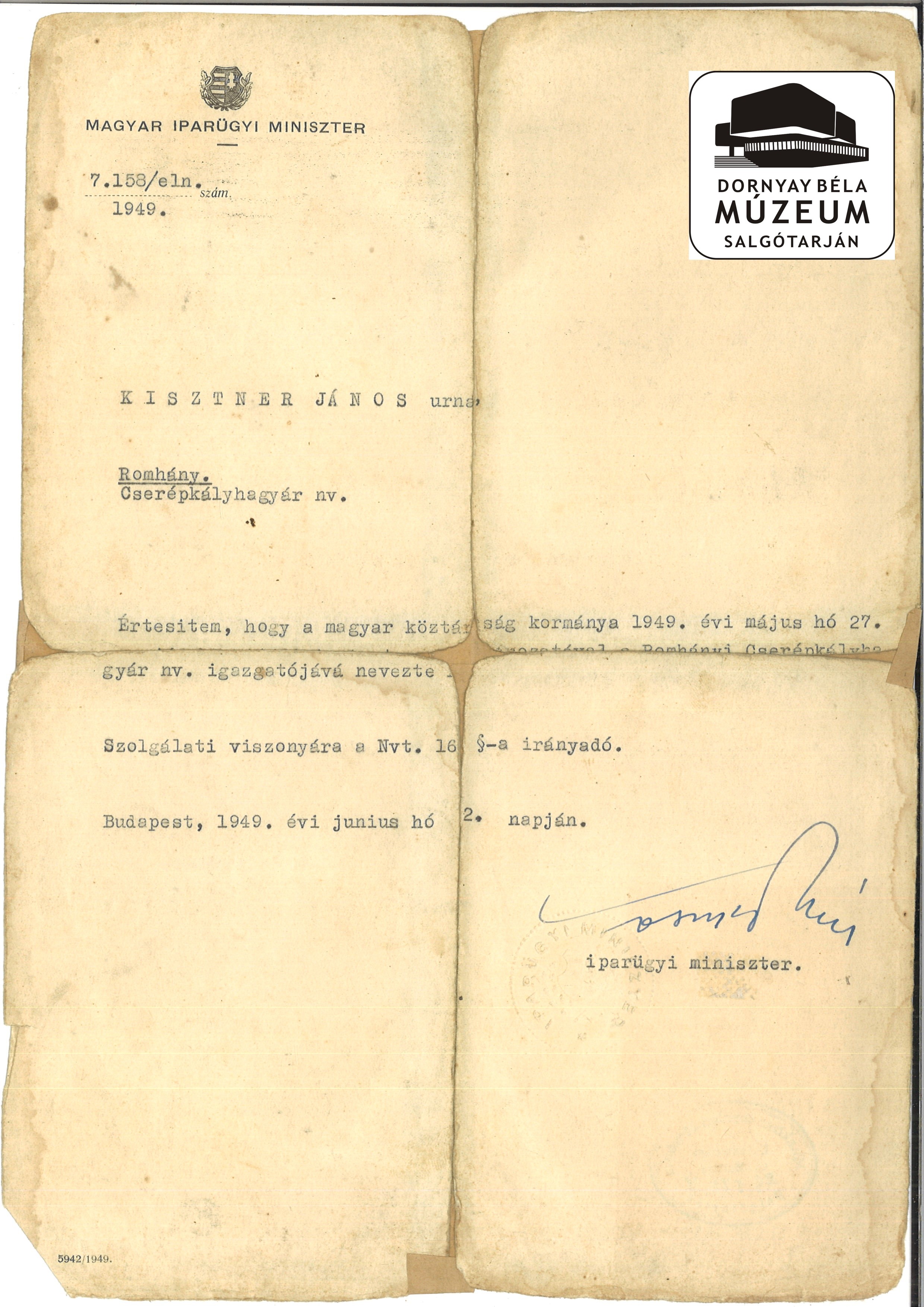 Kisztner János Bp-i vállalatvezetői kinevezése (Dornyay Béla Múzeum, Salgótarján CC BY-NC-SA)