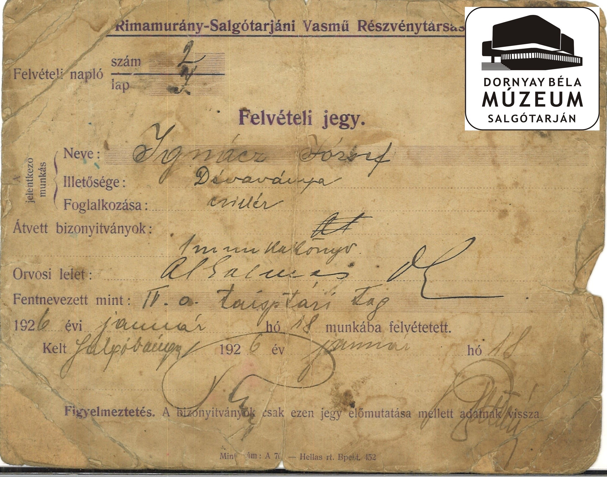 Ignácz József felvételi jegye (Rimamurány - St-i Vasmű Rt. Salgót.) (Dornyay Béla Múzeum CC BY-NC-SA)