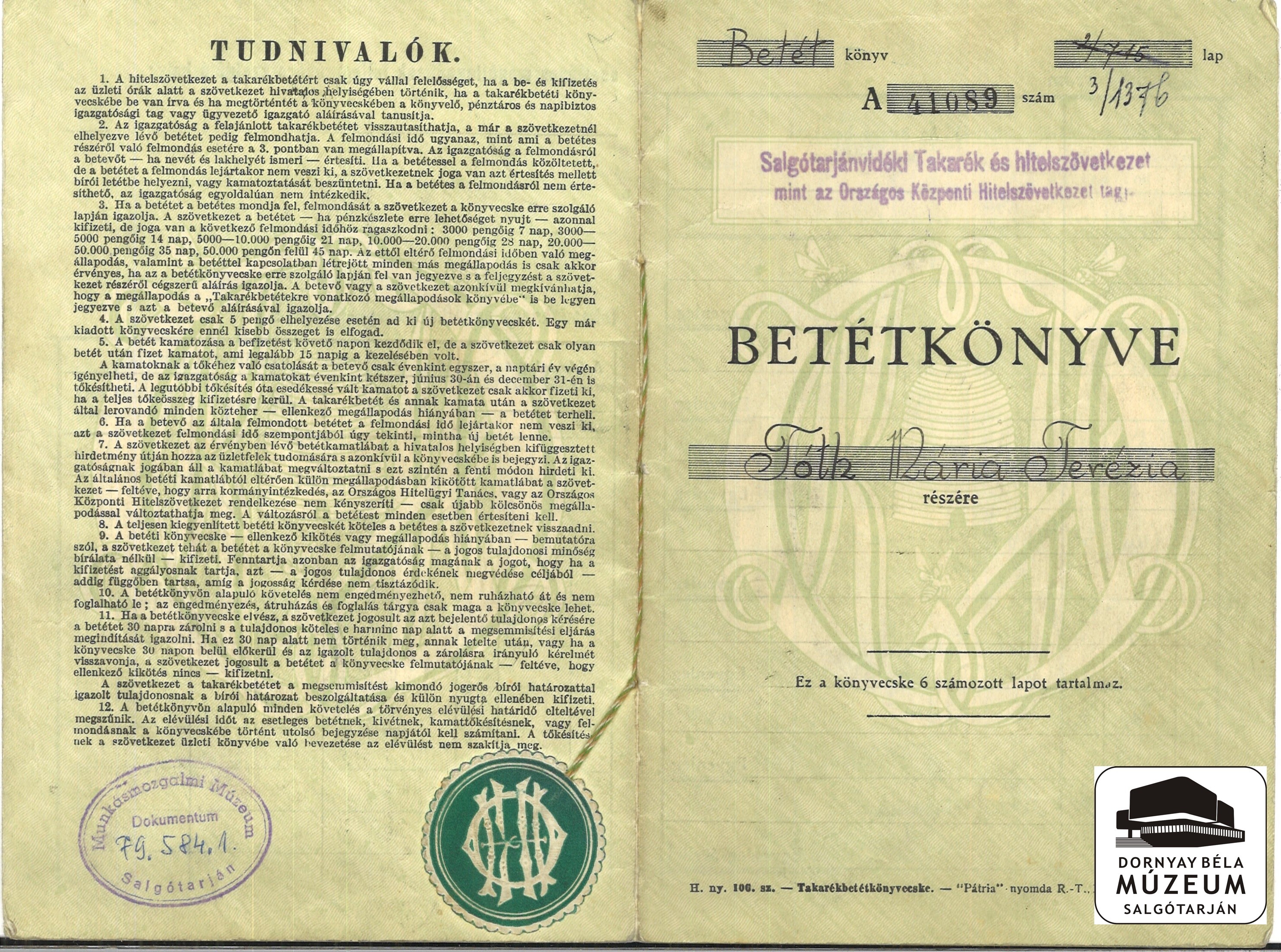 Tóth Mária Terézia Starján vidéki Takarékszövetkezet betétkönyve (Dornyay Béla Múzeum CC BY-NC-SA)