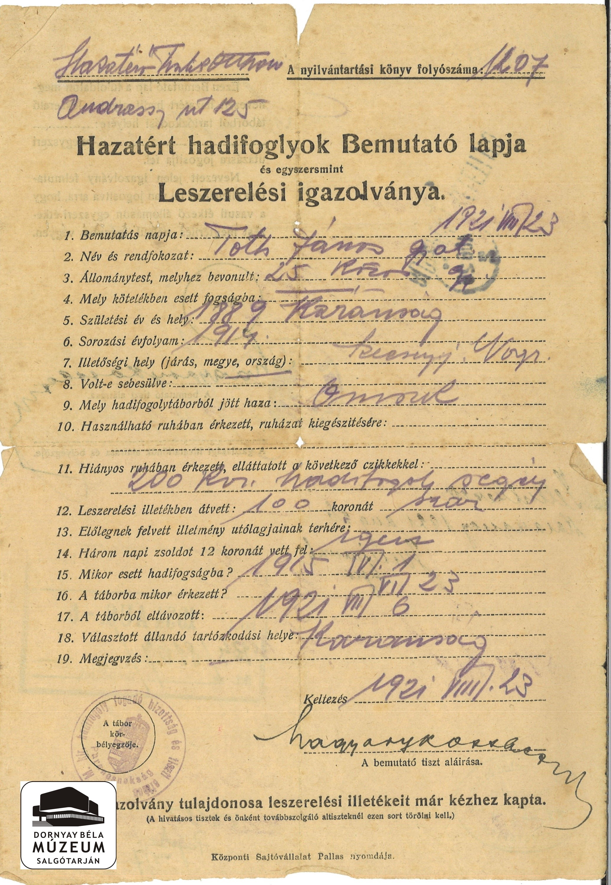 Hazáért hadifoglyok bemutató lapja - egyben leszerelési ig. (Dornyay Béla Múzeum, Salgótarján CC BY-NC-SA)