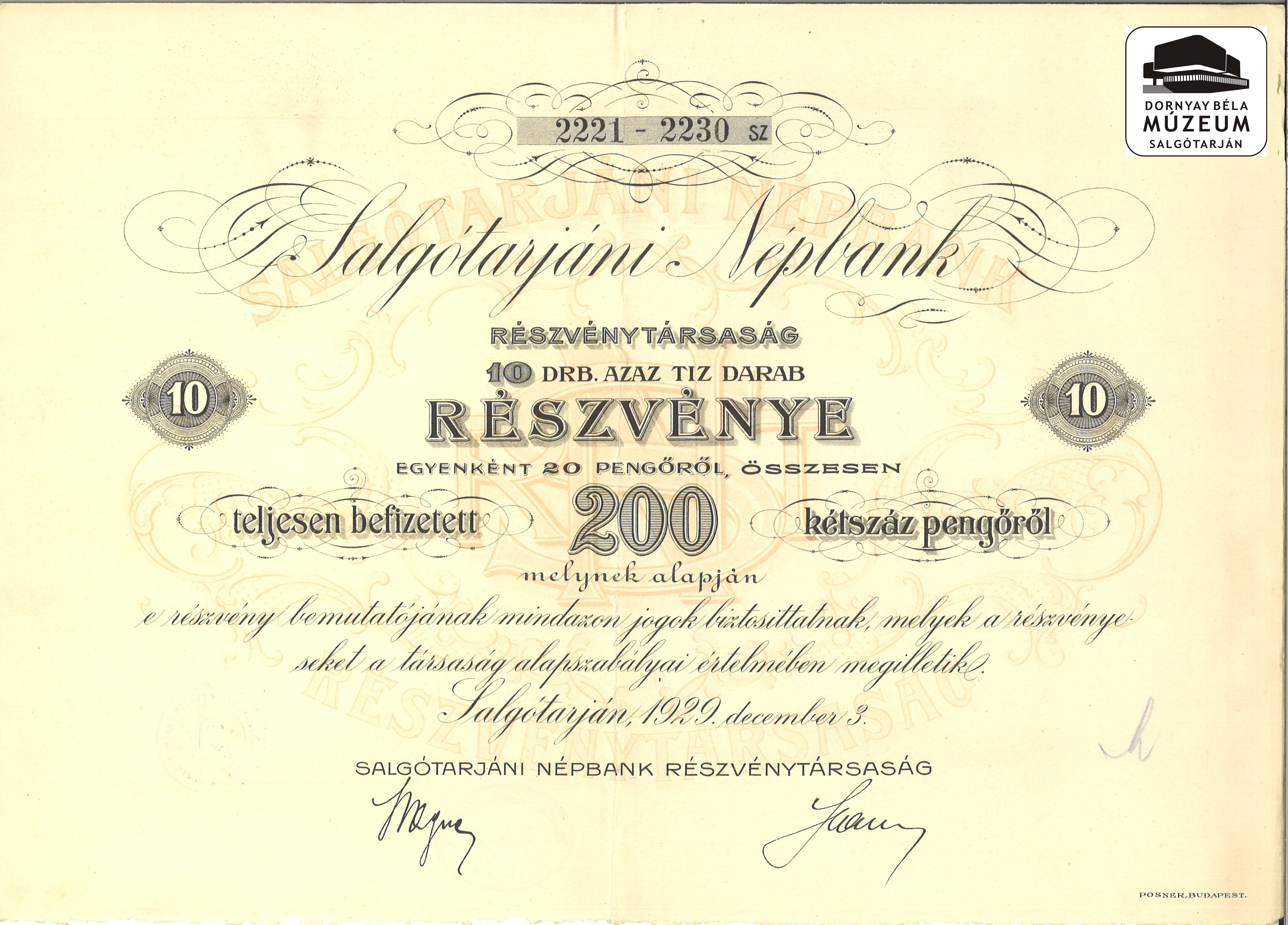 Salgótarjáni Népbank 200 pengős részvénye (Dornyay Béla Múzeum, Salgótarján CC BY-NC-SA)