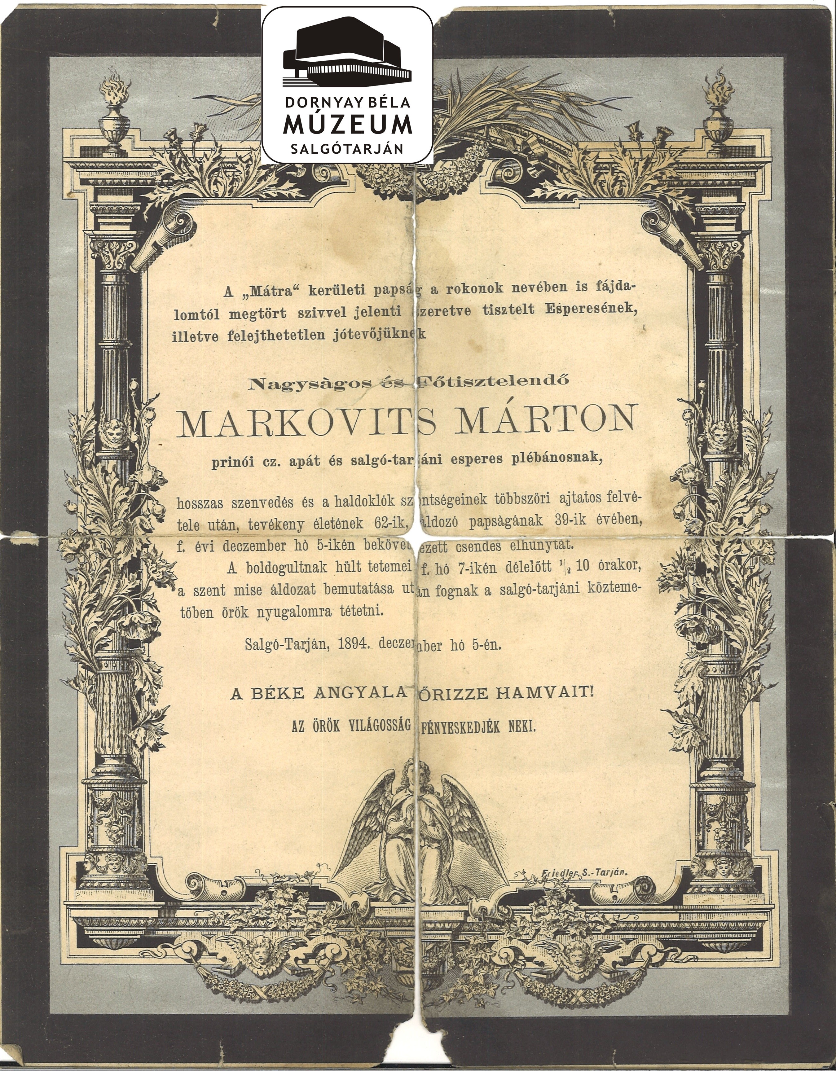 Gyászjelentés Markovits Márton esperes plébános halálára (Dornyay Béla Múzeum CC BY-NC-SA)
