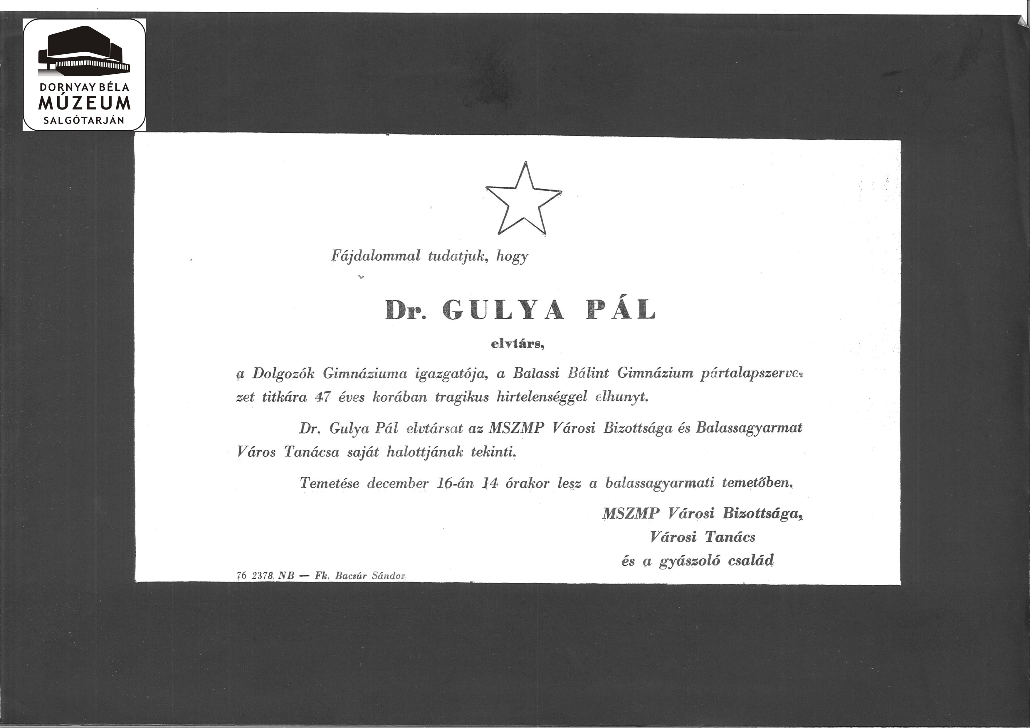 Gyászjelentés Dr. Gulya Pál halálára (Dornyay Béla Múzeum, Salgótarján CC BY-NC-SA)
