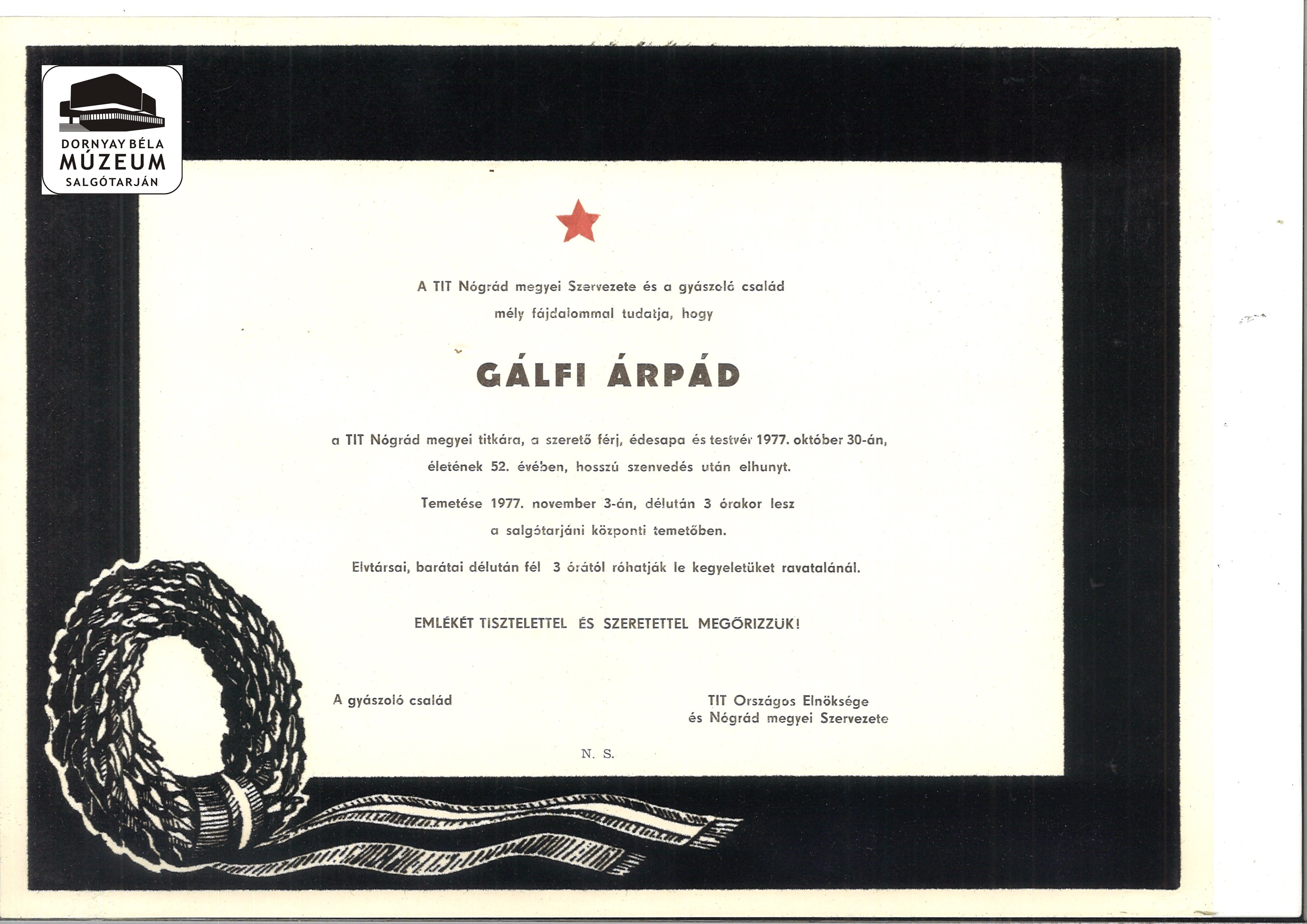 Gyászjelentés Gálfi Árpád halálára (Dornyay Béla Múzeum CC BY-NC-SA)