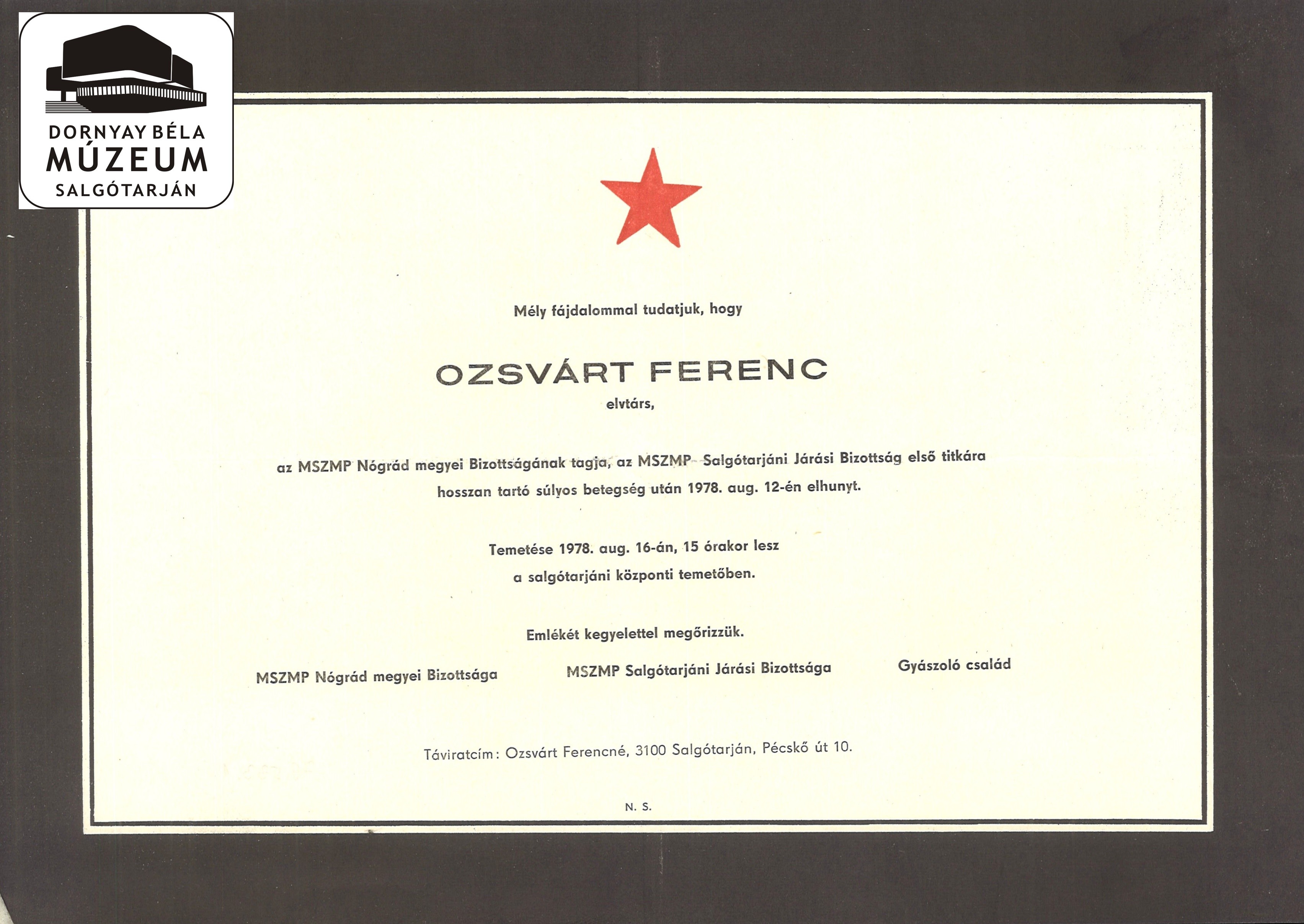 Ozsvárt Ferenc gyászjelentése (Dornyay Béla Múzeum, Salgótarján CC BY-NC-SA)