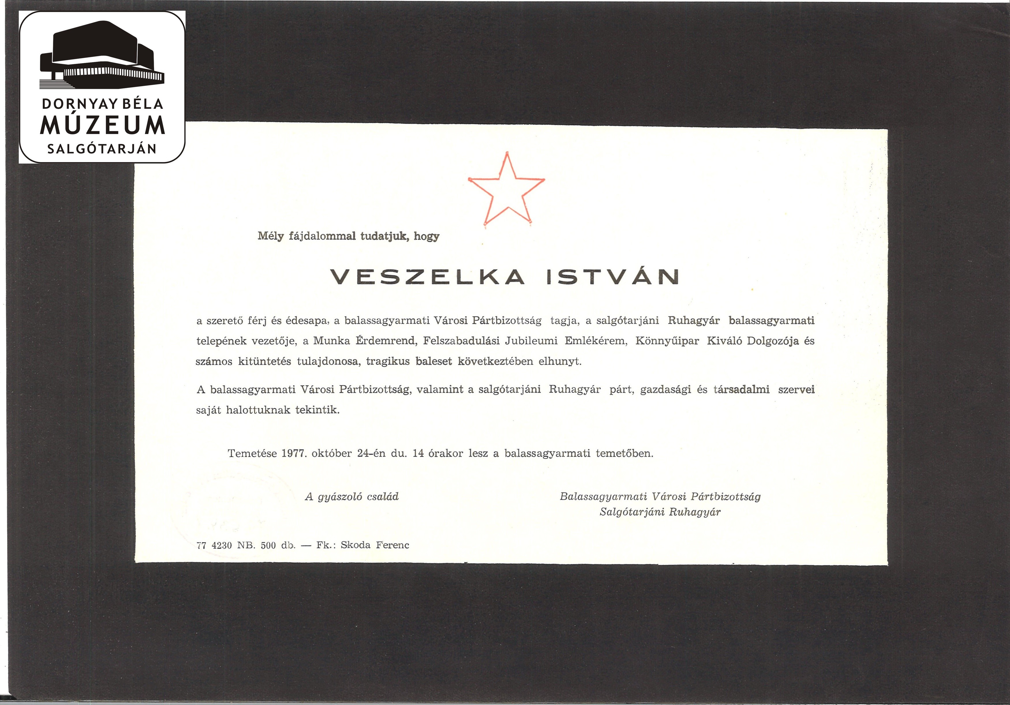 Veszelka István gyászjelentése (Dornyay Béla Múzeum, Salgótarján CC BY-NC-SA)