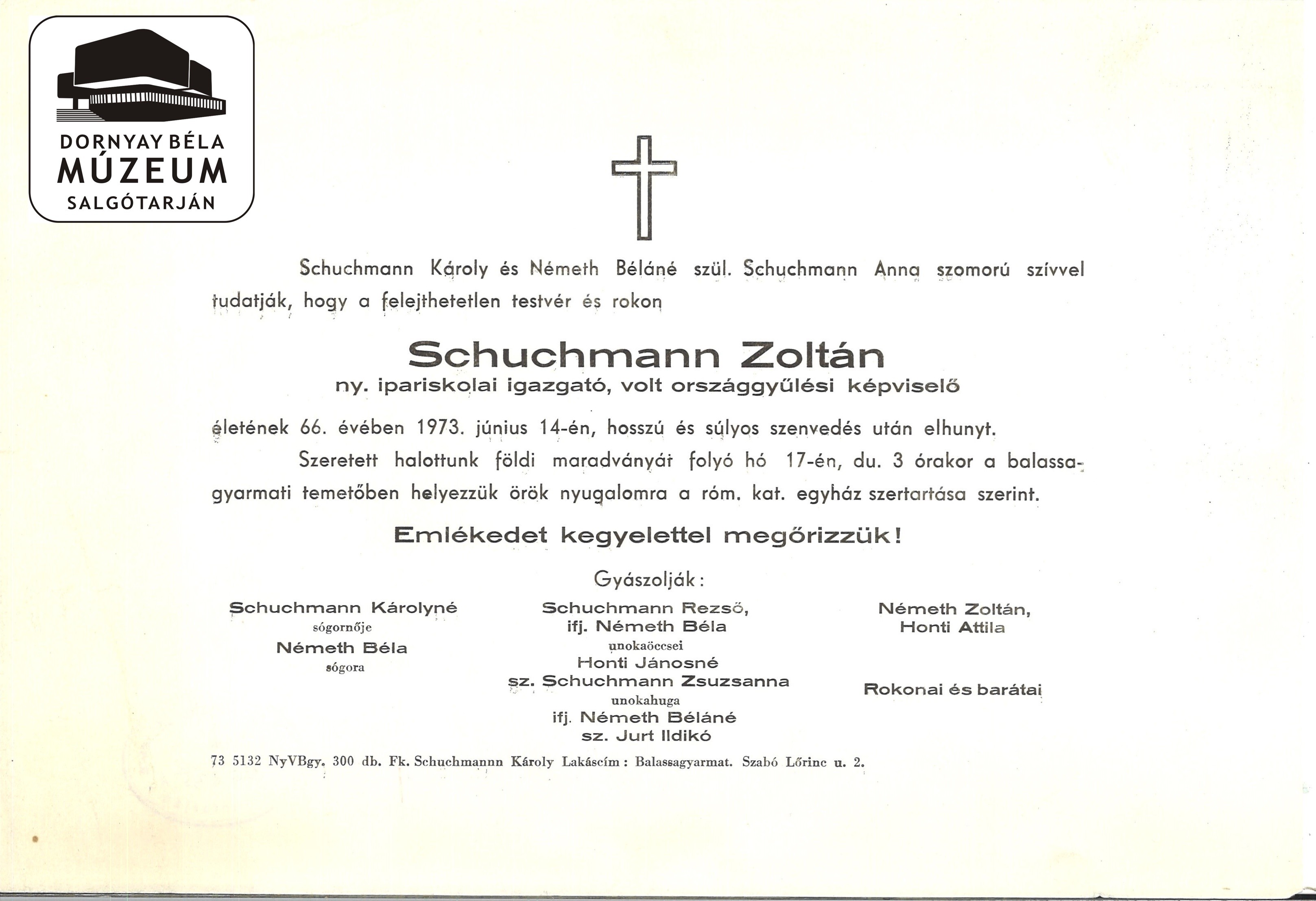 Schuchmann Zoltán gyászjelentése (Dornyay Béla Múzeum CC BY-NC-SA)