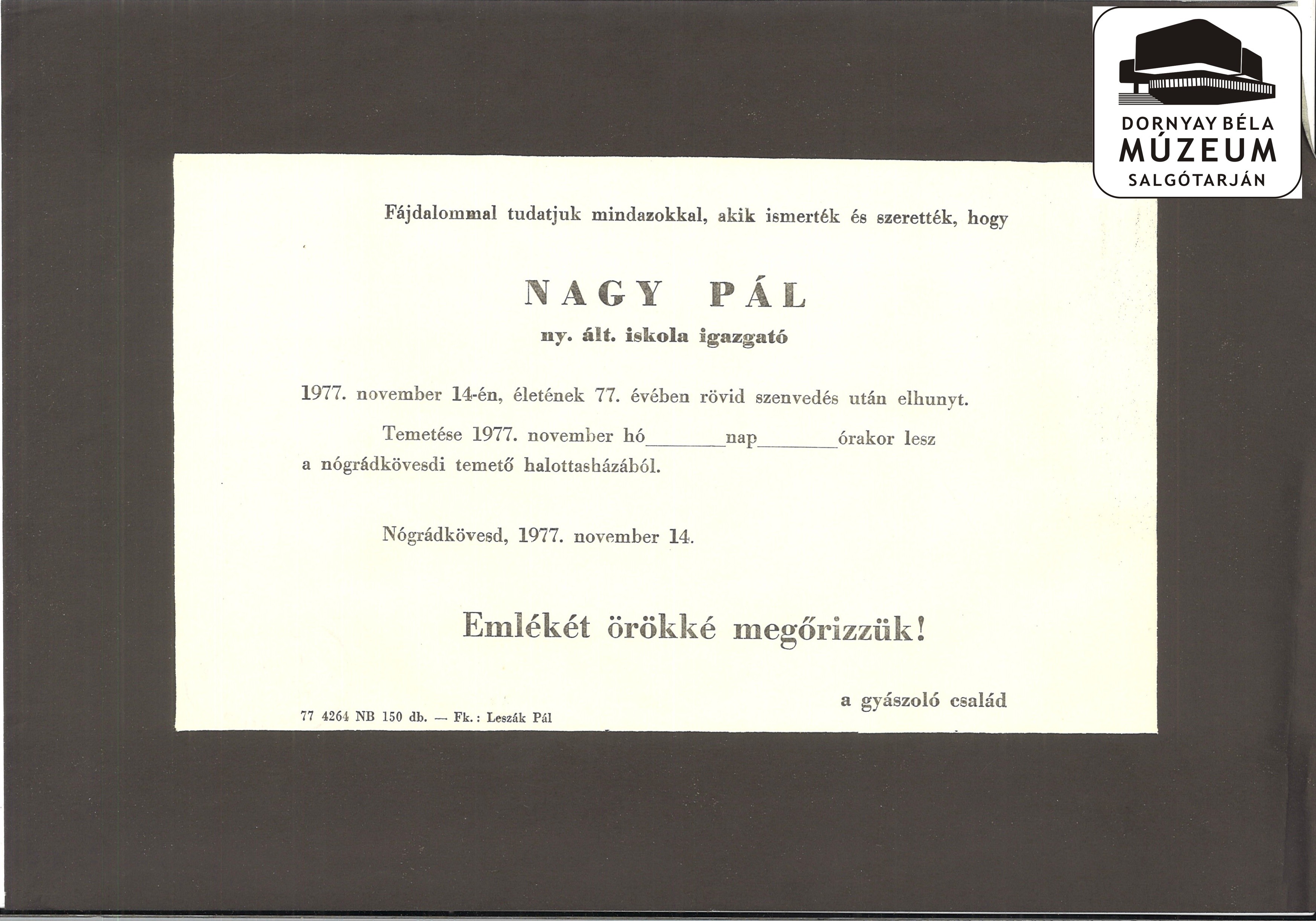 Nagy Pál gyászjelentése (Dornyay Béla Múzeum, Salgótarján CC BY-NC-SA)