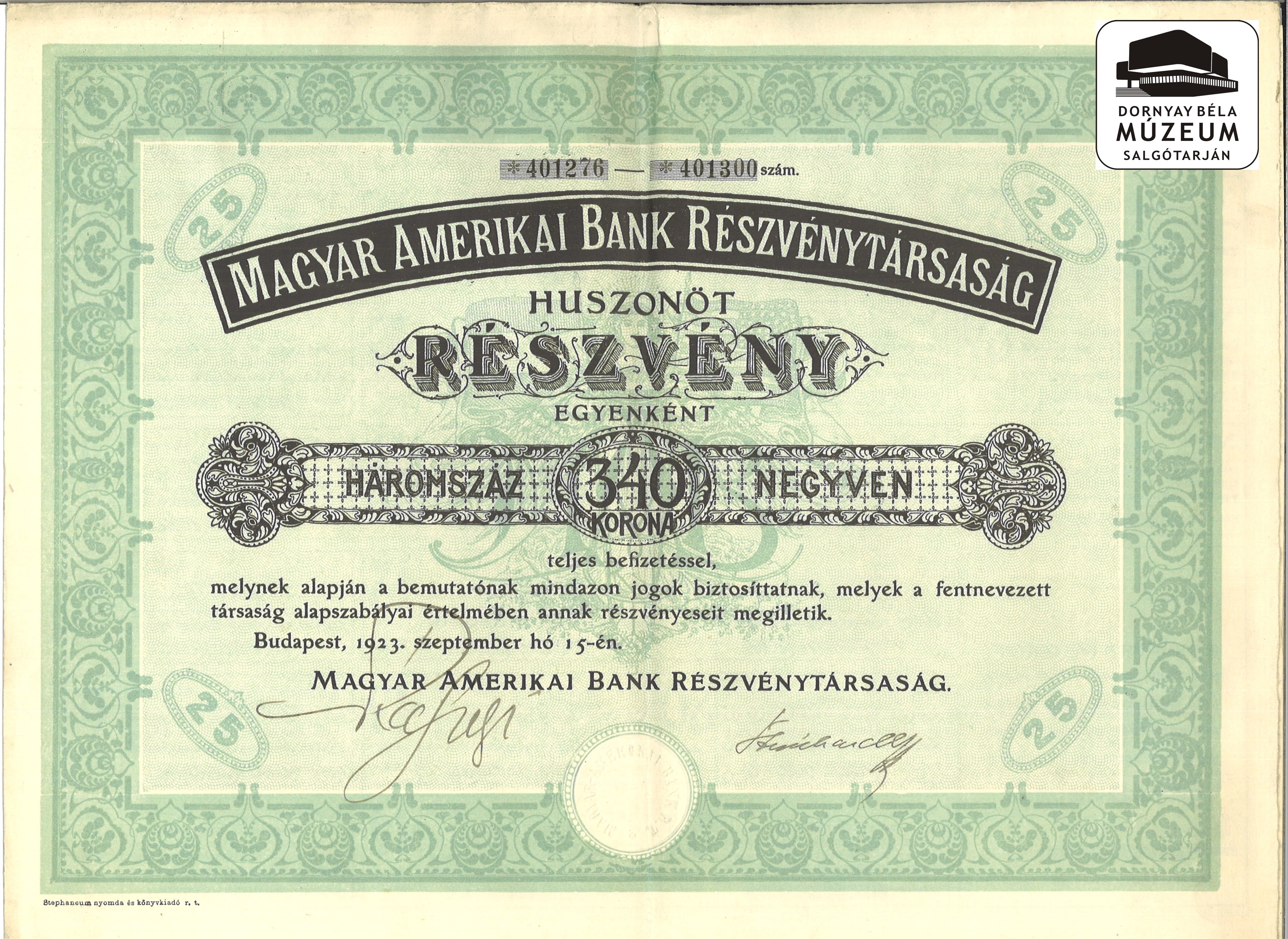 Magyar Amerikai Bank Rt. 25 részvénye 1923 (Dornyay Béla Múzeum CC BY-NC-SA)