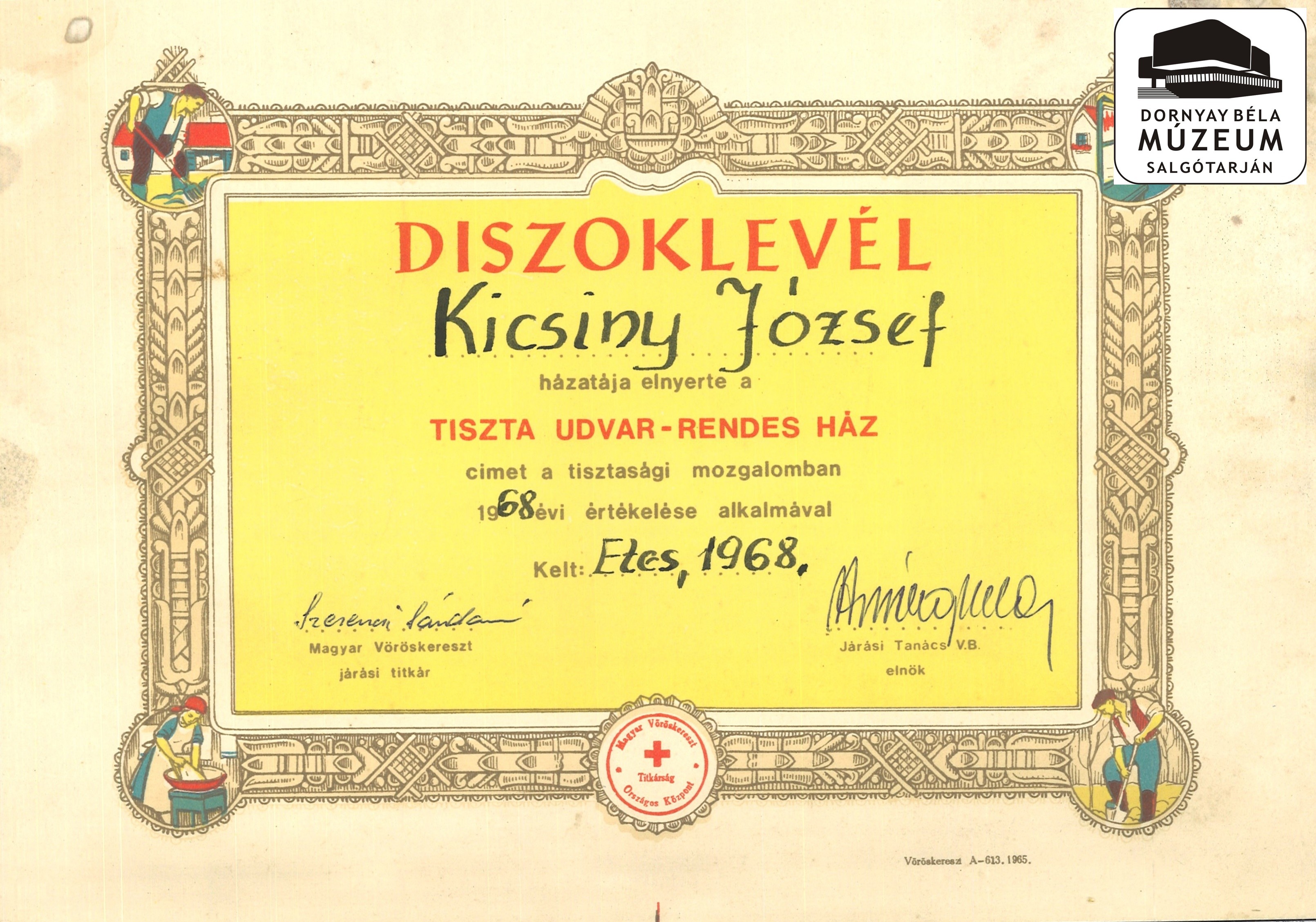 Kicsiny József emléklapjai és díszoklevelei (Dornyay Béla Múzeum, Salgótarján CC BY-NC-SA)