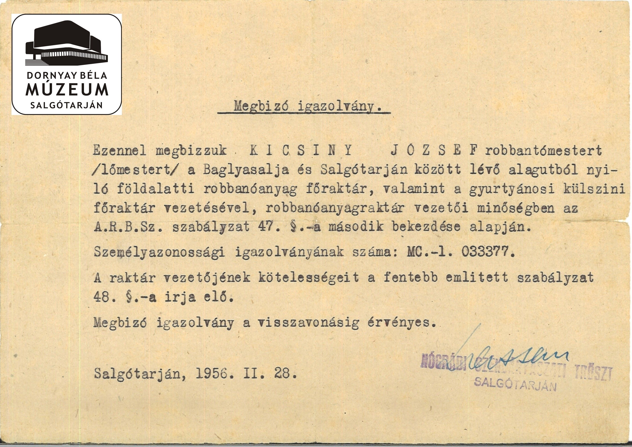 Nógrádi Szénbányászati Tröszt - megbízó igazolvány Kicsiny József (Dornyay Béla Múzeum, Salgótarján CC BY-NC-SA)