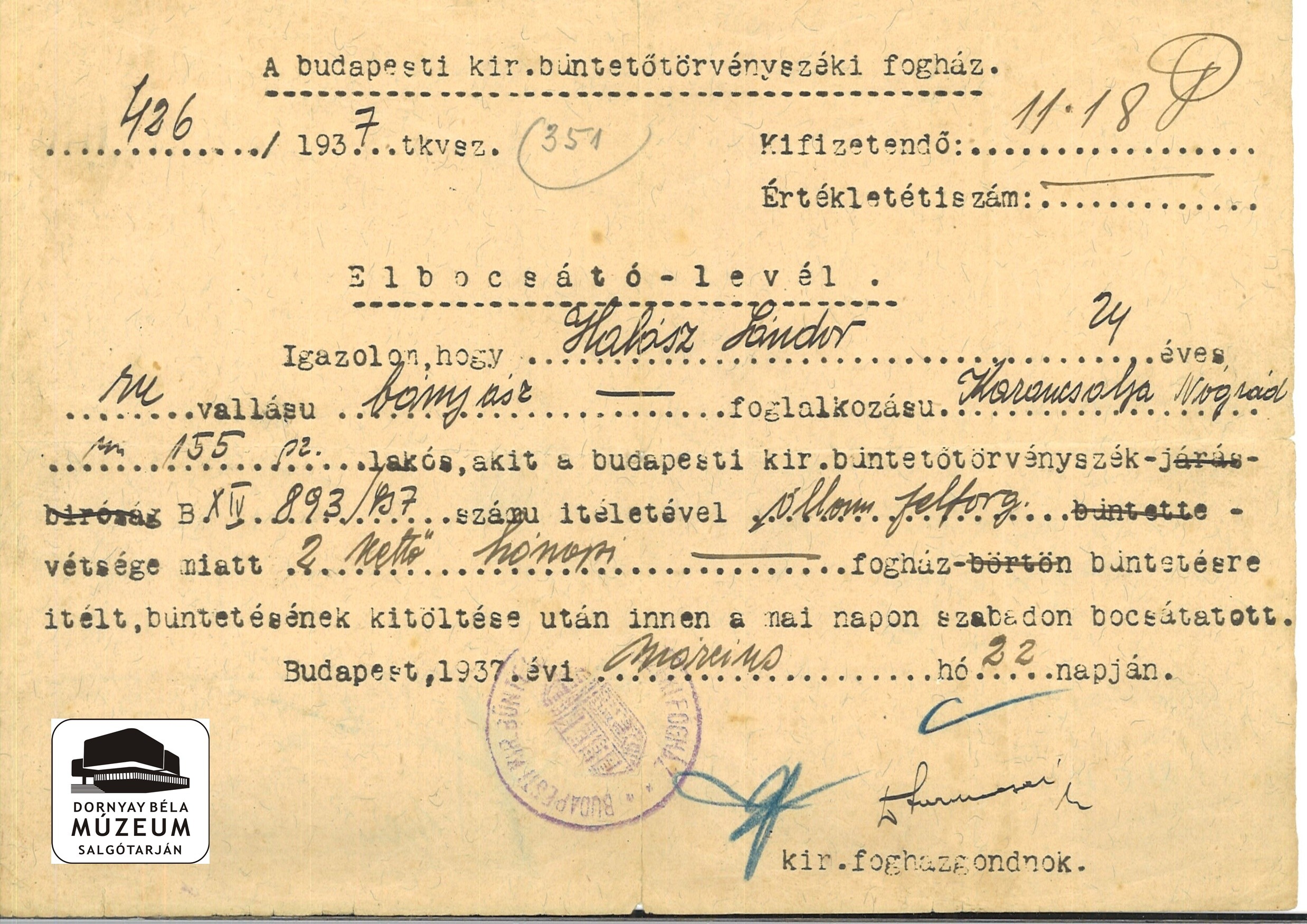 Halász Sándor fogházi elbocsátó levele (Dornyay Béla Múzeum, Salgótarján CC BY-NC-SA)
