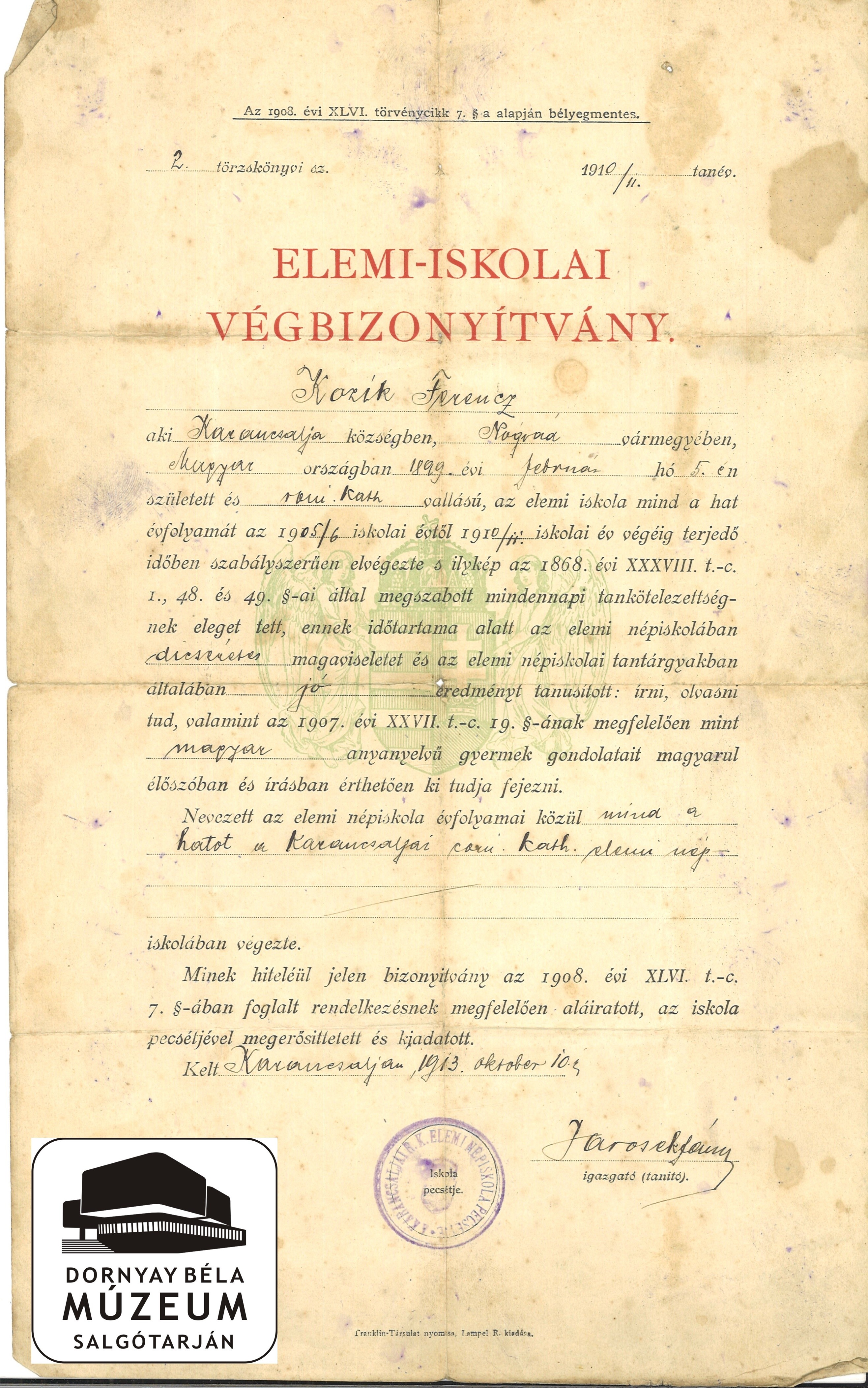 Kozik Ferenc - elemi iskolai végbizonyítványa, Karancsalja (Dornyay Béla Múzeum, Salgótarján CC BY-NC-SA)