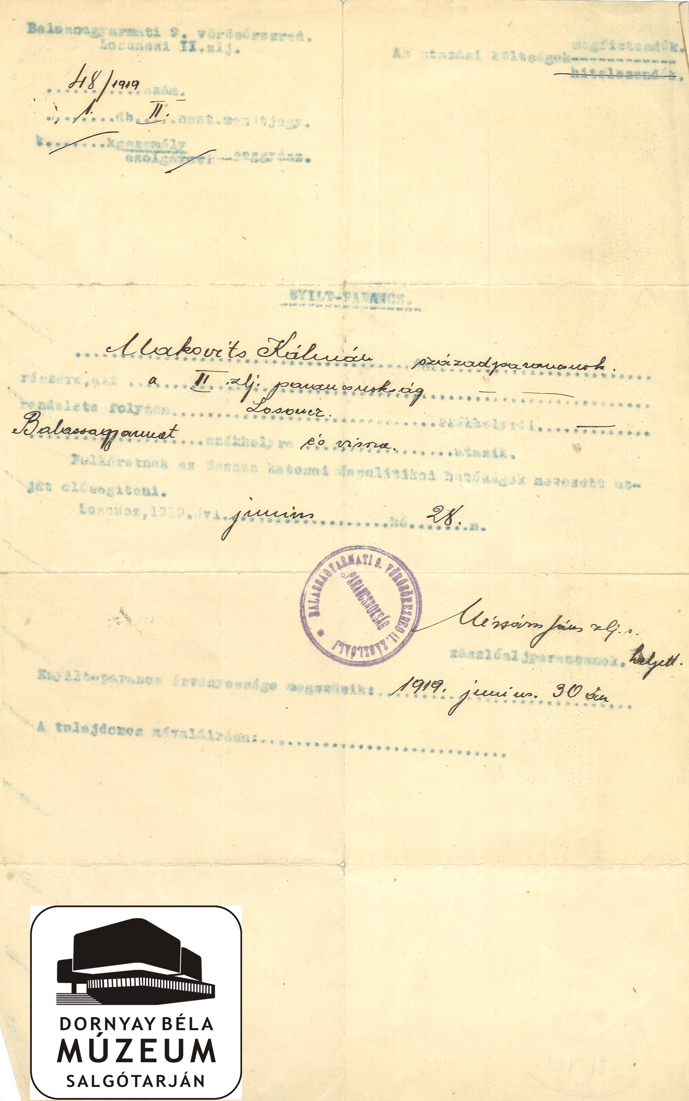 Makovits Kálmán századparancsnok utazási nyílt parancsa (Dornyay Béla Múzeum, Salgótarján CC BY-NC-SA)