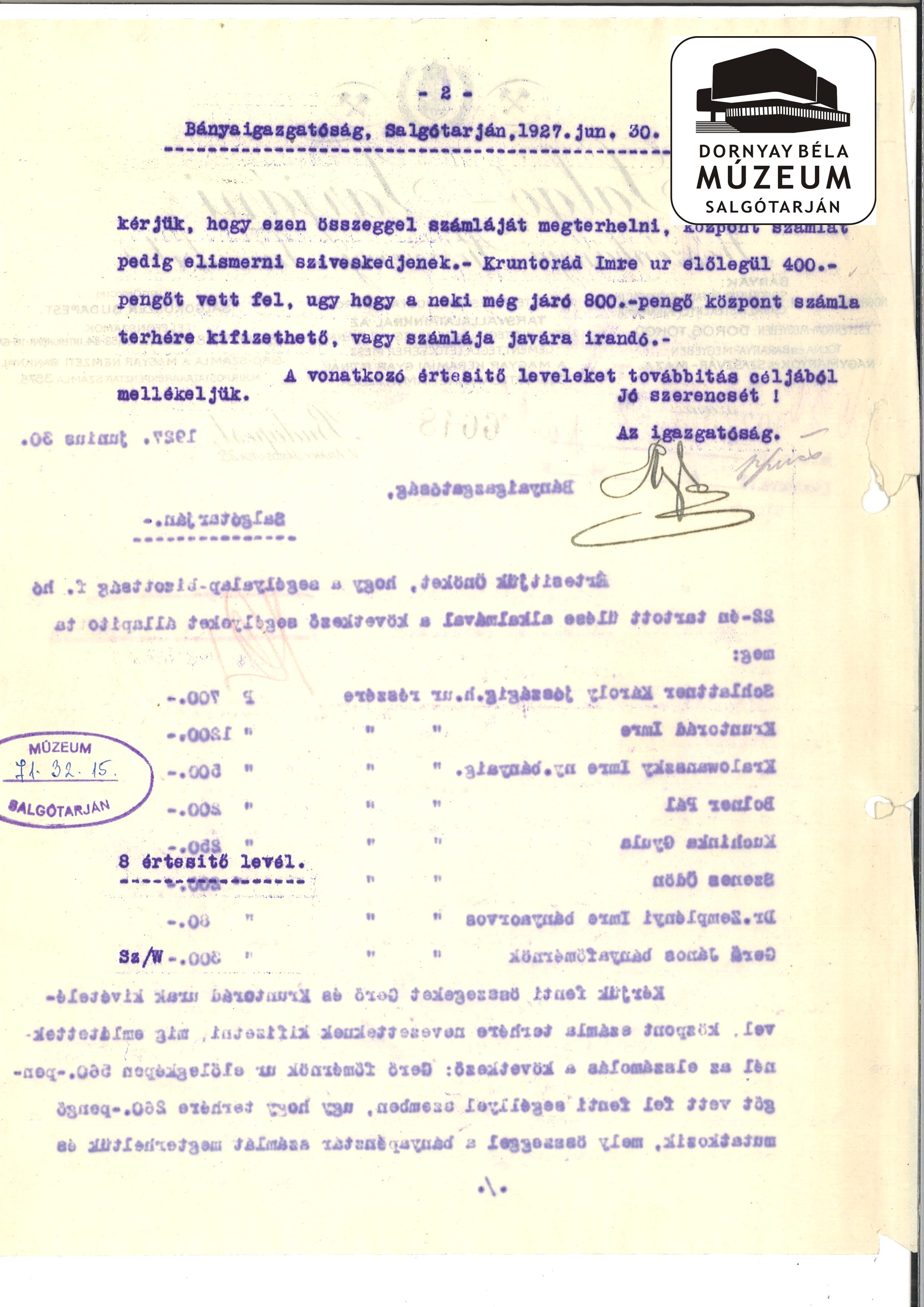SKB Rt. Segélyalap bizottságának segély megállapítása (Dornyay Béla Múzeum, Salgótarján CC BY-NC-SA)