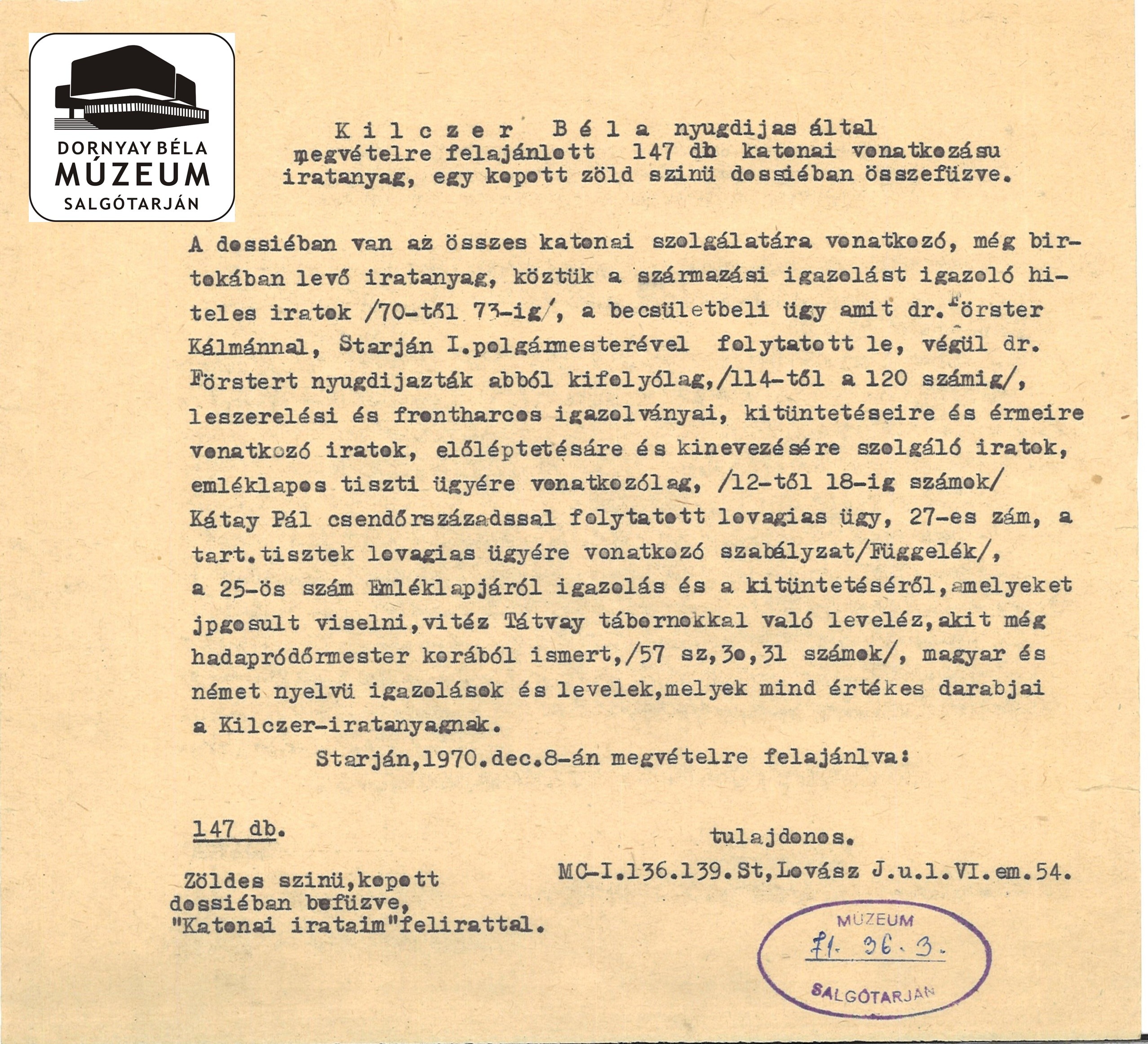 Kilczer Béla katonai vonatkozású iratanyaga (Dornyay Béla Múzeum, Salgótarján CC BY-NC-SA)