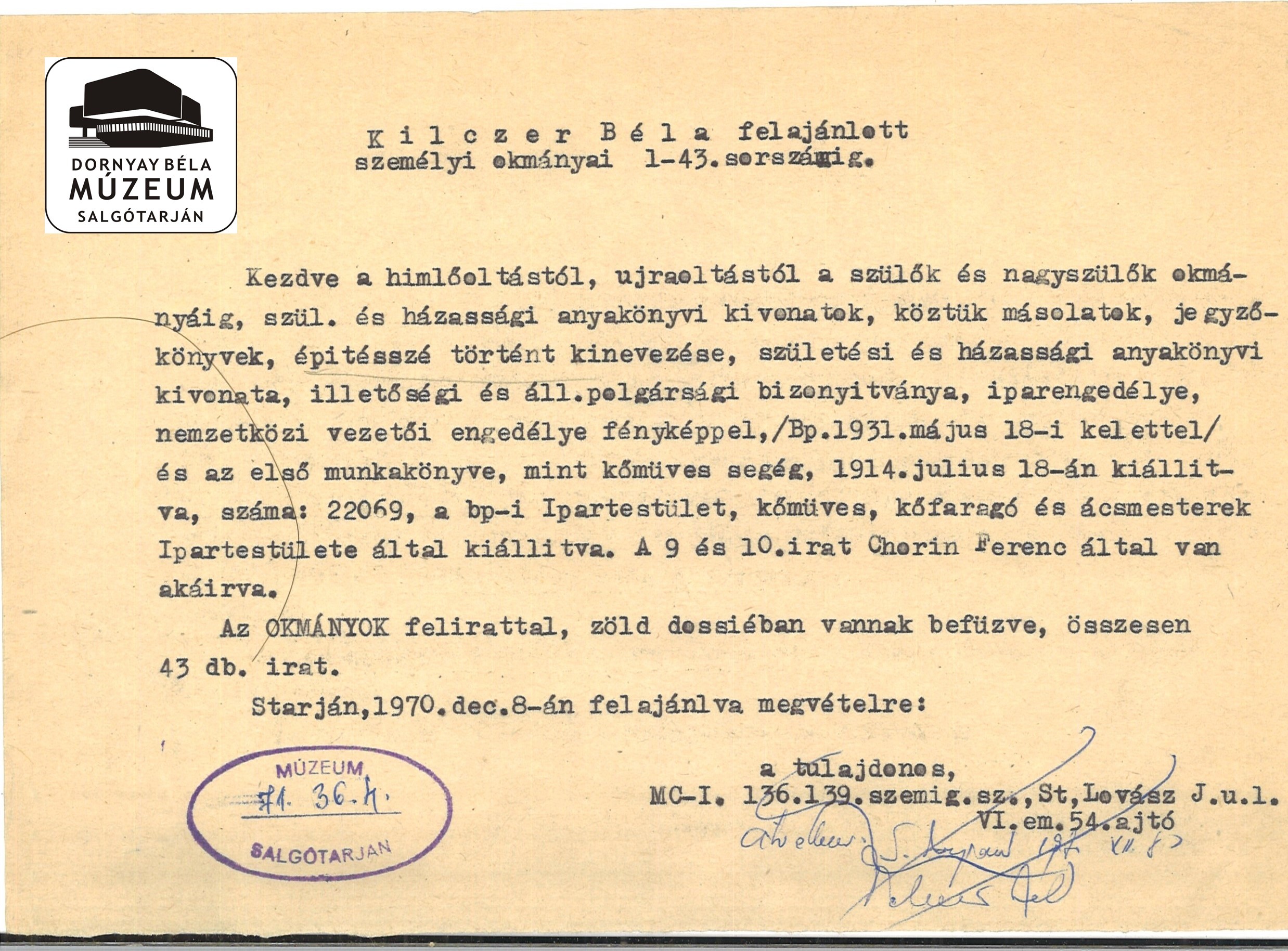 Kilczer Béla személyi vonatkozású iratanyaga (Dornyay Béla Múzeum, Salgótarján CC BY-NC-SA)
