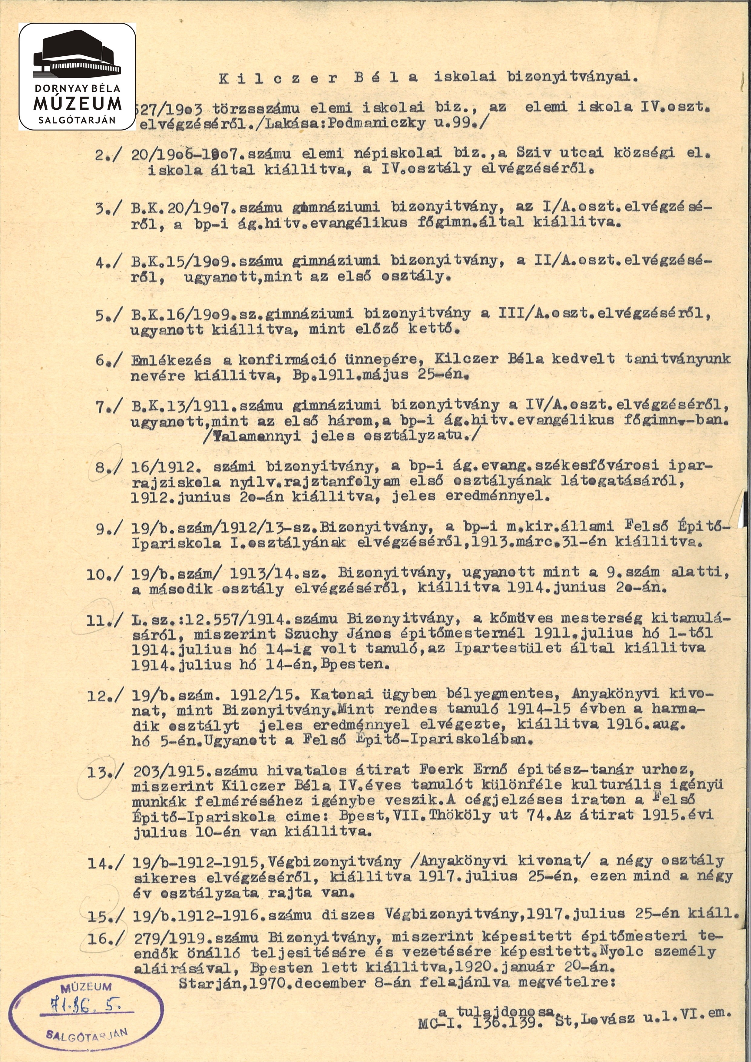 Kilczer Béla iskolai bizonyítványai (Dornyay Béla Múzeum, Salgótarján CC BY-NC-SA)