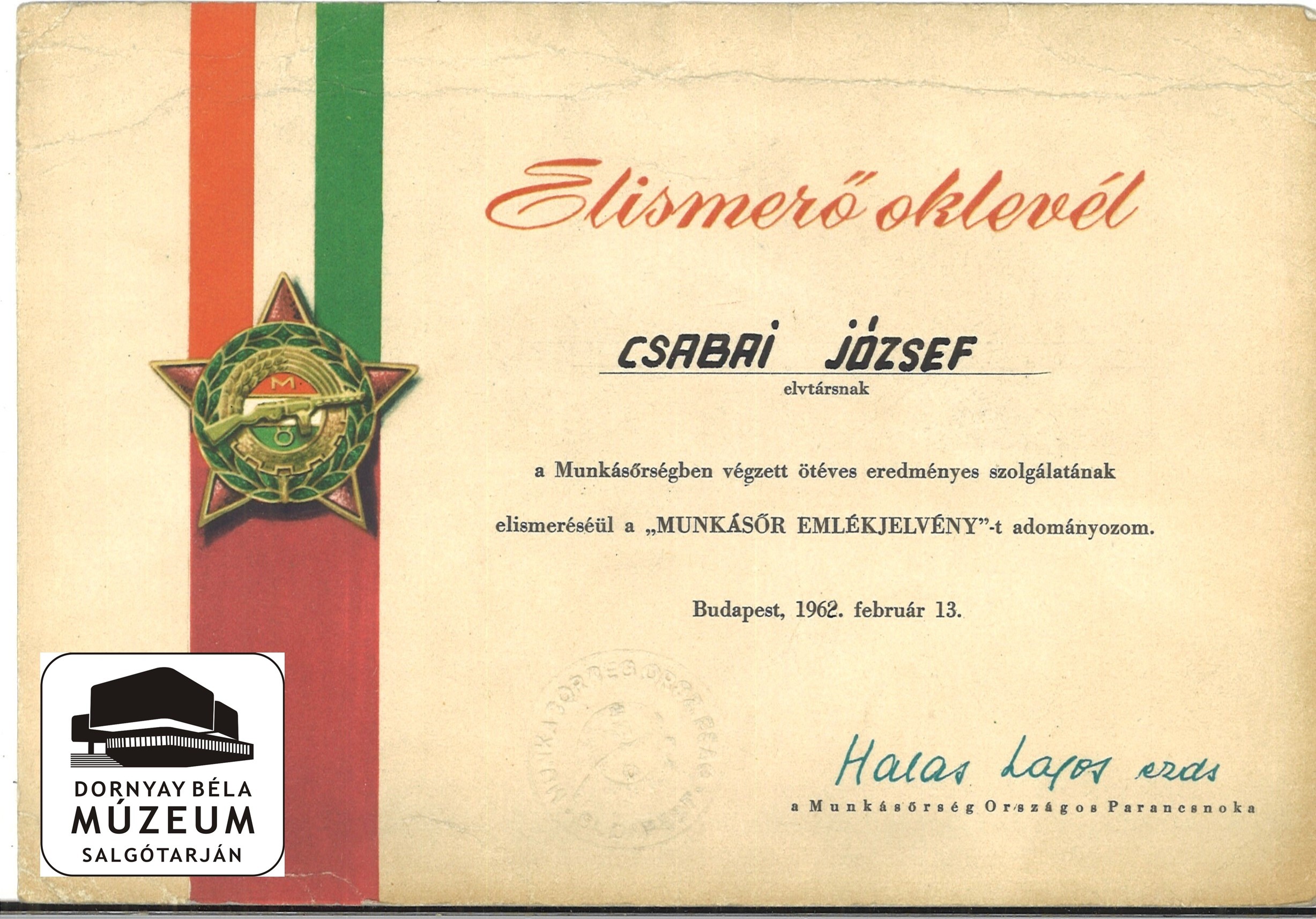 Csabai József névre kiállított oklevelek, emléklapok (Dornyay Béla Múzeum, Salgótarján CC BY-NC-SA)