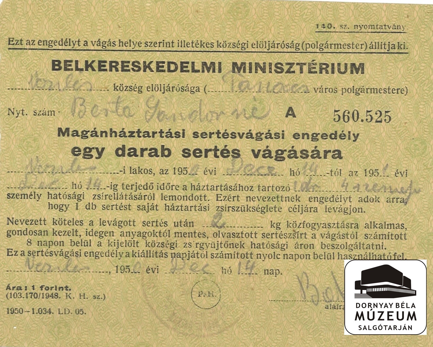 Berta Sándorné sertésvágási engedélye (Dornyay Béla Múzeum, Salgótarján CC BY-NC-SA)