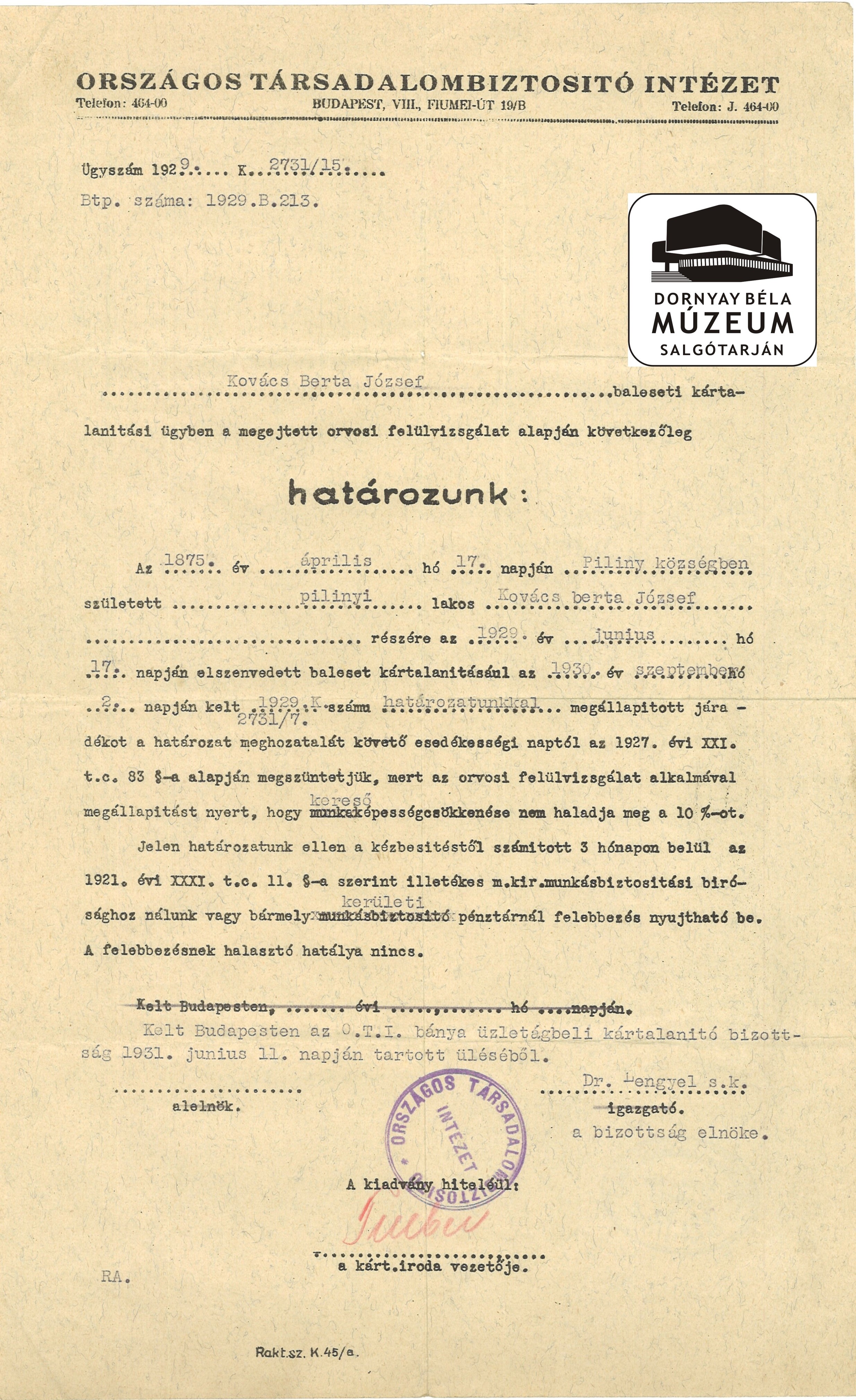 Kovács József személyi iratai (baleset) (Dornyay Béla Múzeum, Salgótarján CC BY-NC-SA)