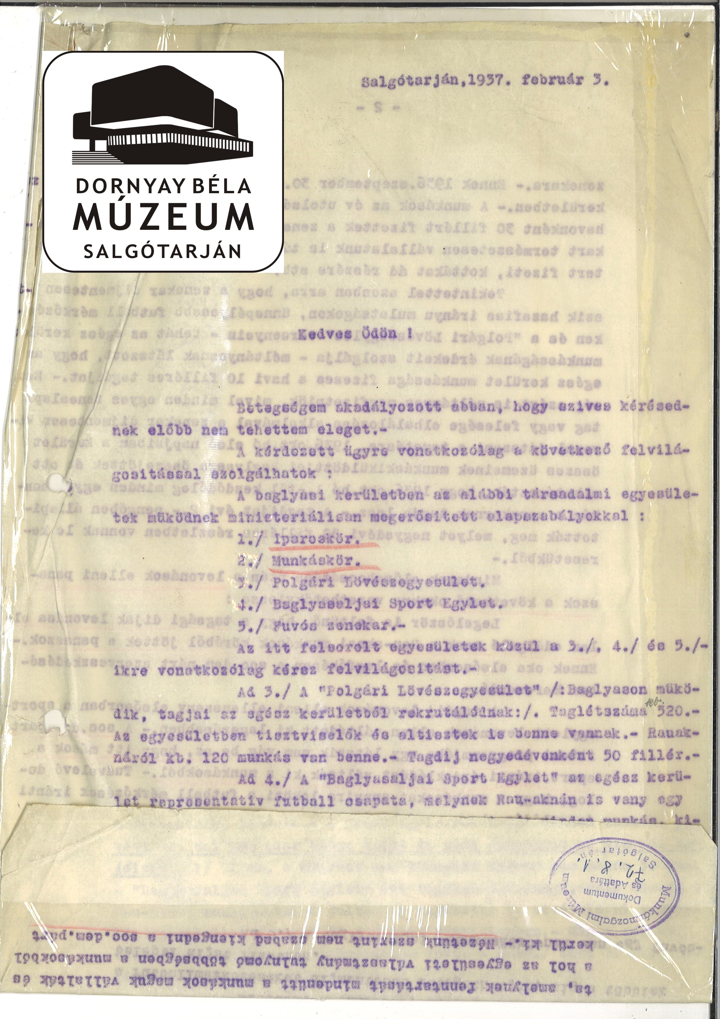 Jelentés a Baglyasalján működő társadalmi egyesületekről (Dornyay Béla Múzeum, Salgótarján CC BY-NC-SA)