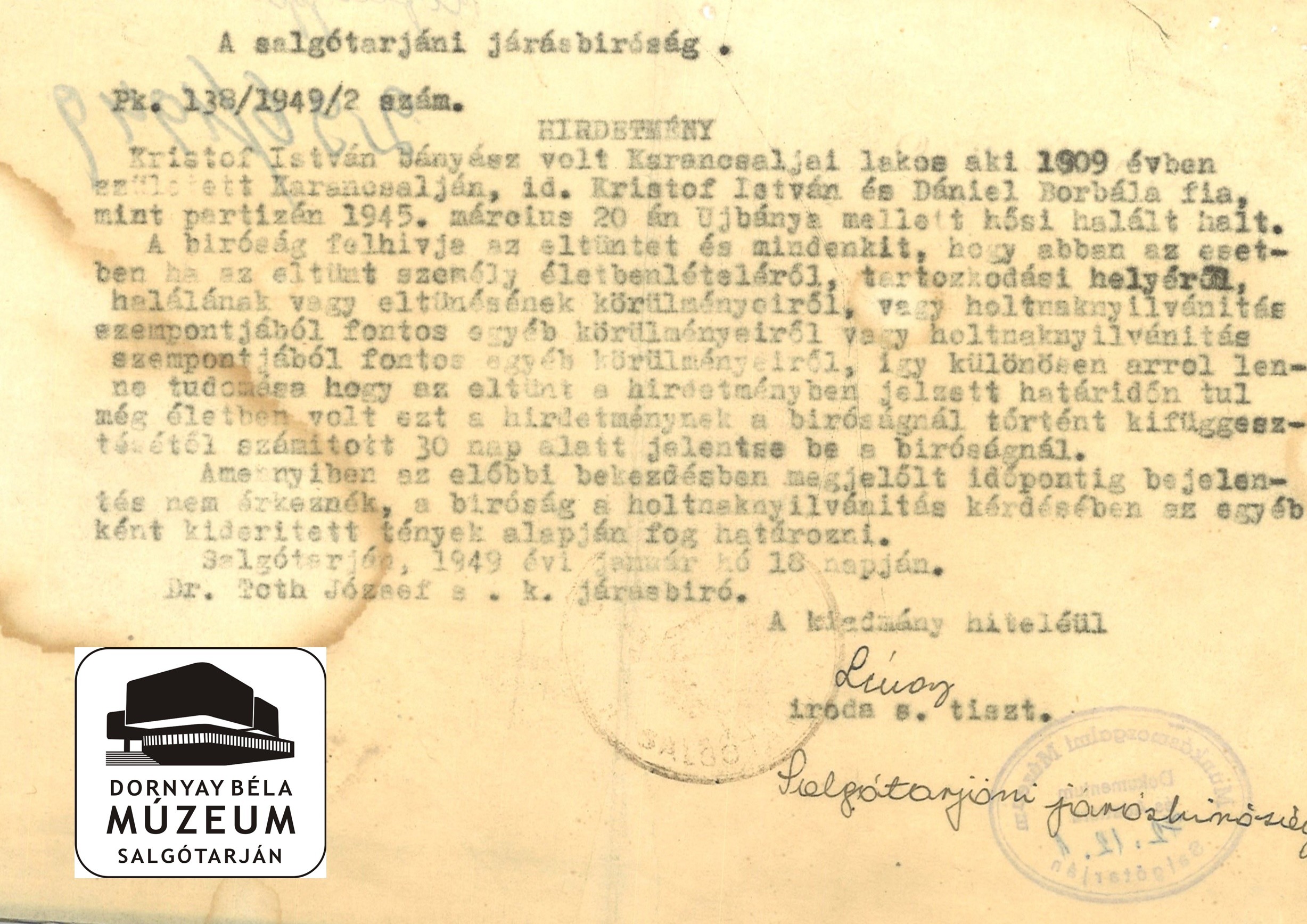 Kristóf István partizán eltünésével kapcsolatos bírósági iratok (Dornyay Béla Múzeum, Salgótarján CC BY-NC-SA)