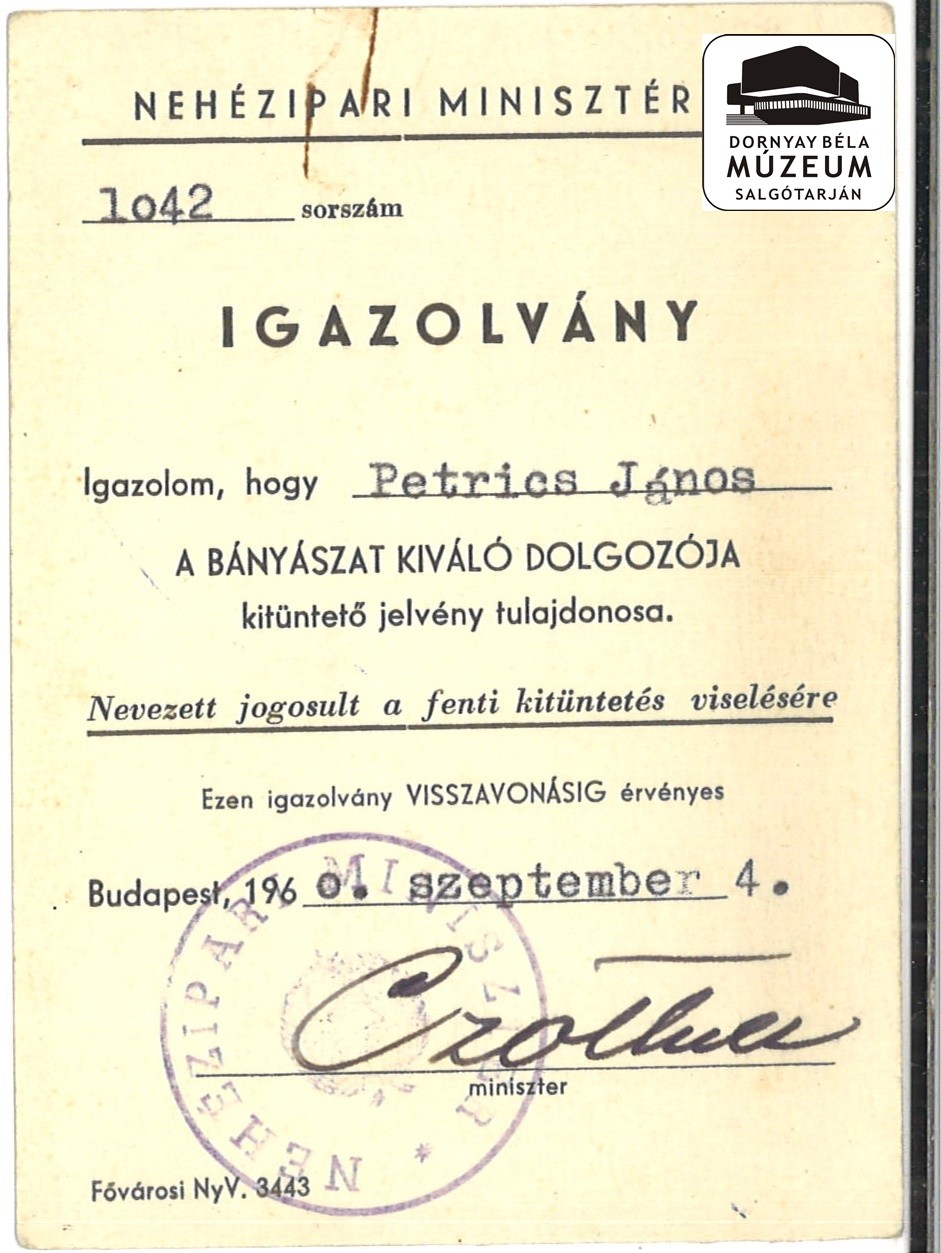 Petrics János, a Bányászat kiváló dogozója (Dornyay Béla Múzeum, Salgótarján CC BY-NC-SA)