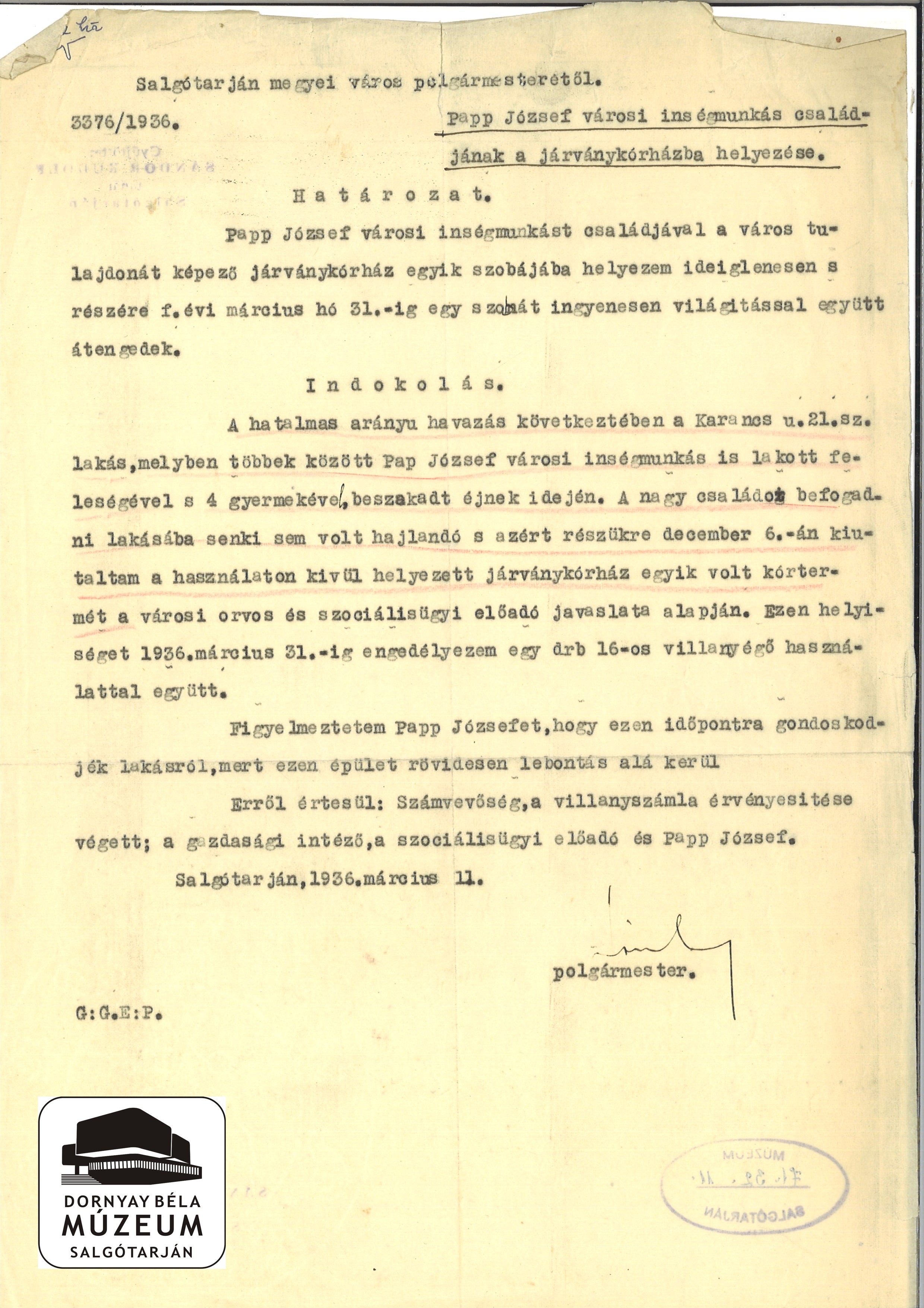 Polgármestertől: Papp József családjának járványkóházba helyezése (Dornyay Béla Múzeum, Salgótarján CC BY-NC-SA)