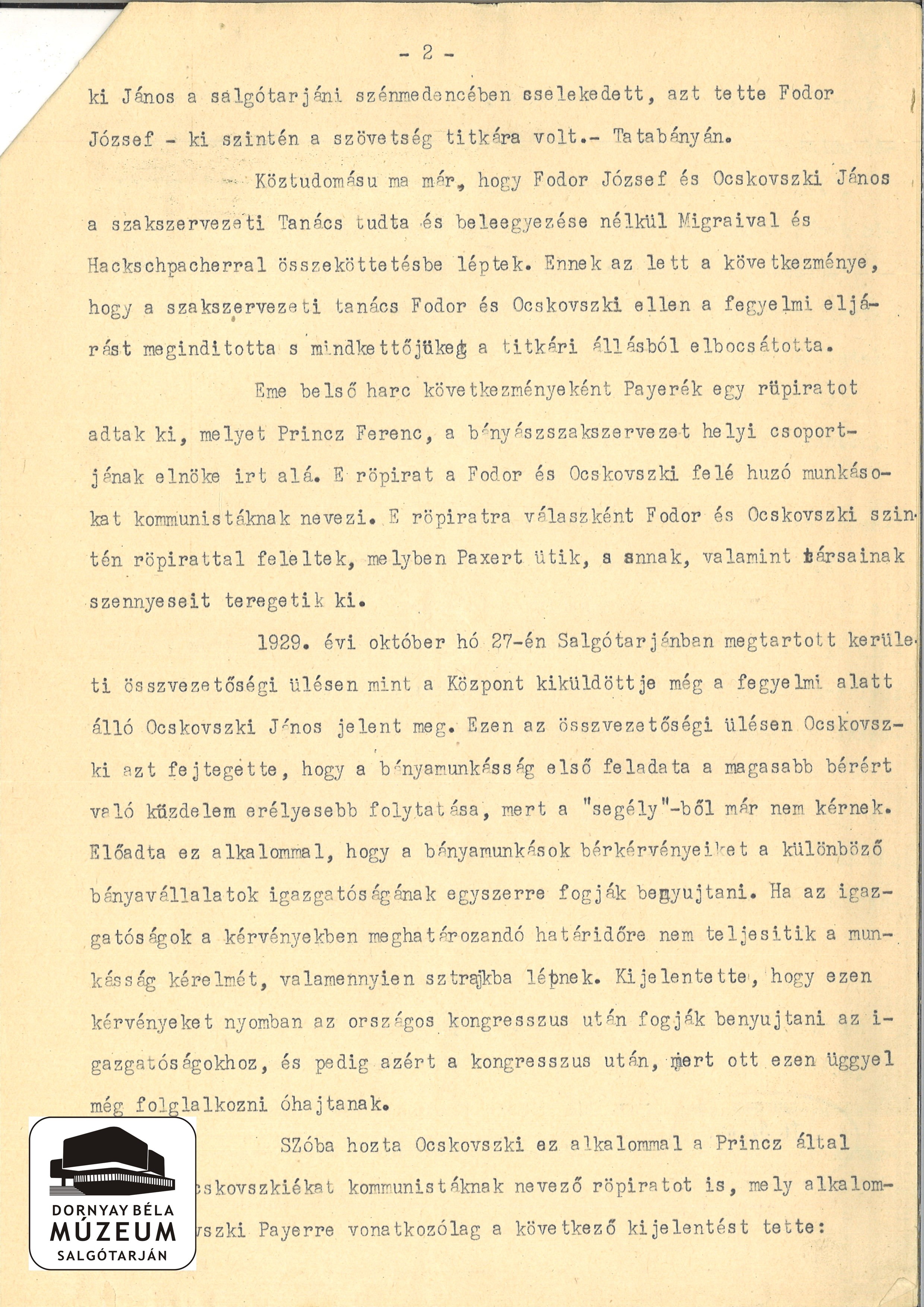 M. Kir. Áll. Rendőrség Salgótarjáni Kap. Jelentése a belügyminiszternek (Dornyay Béla Múzeum, Salgótarján CC BY-NC-SA)