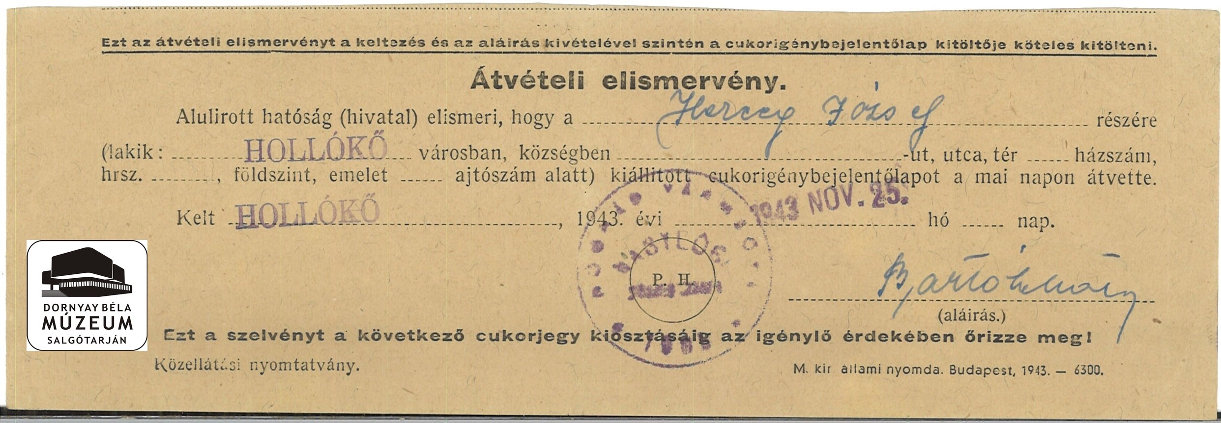 Herceg József cukorigény bejelentőlap átvétele (Dornyay Béla Múzeum, Salgótarján CC BY-NC-SA)