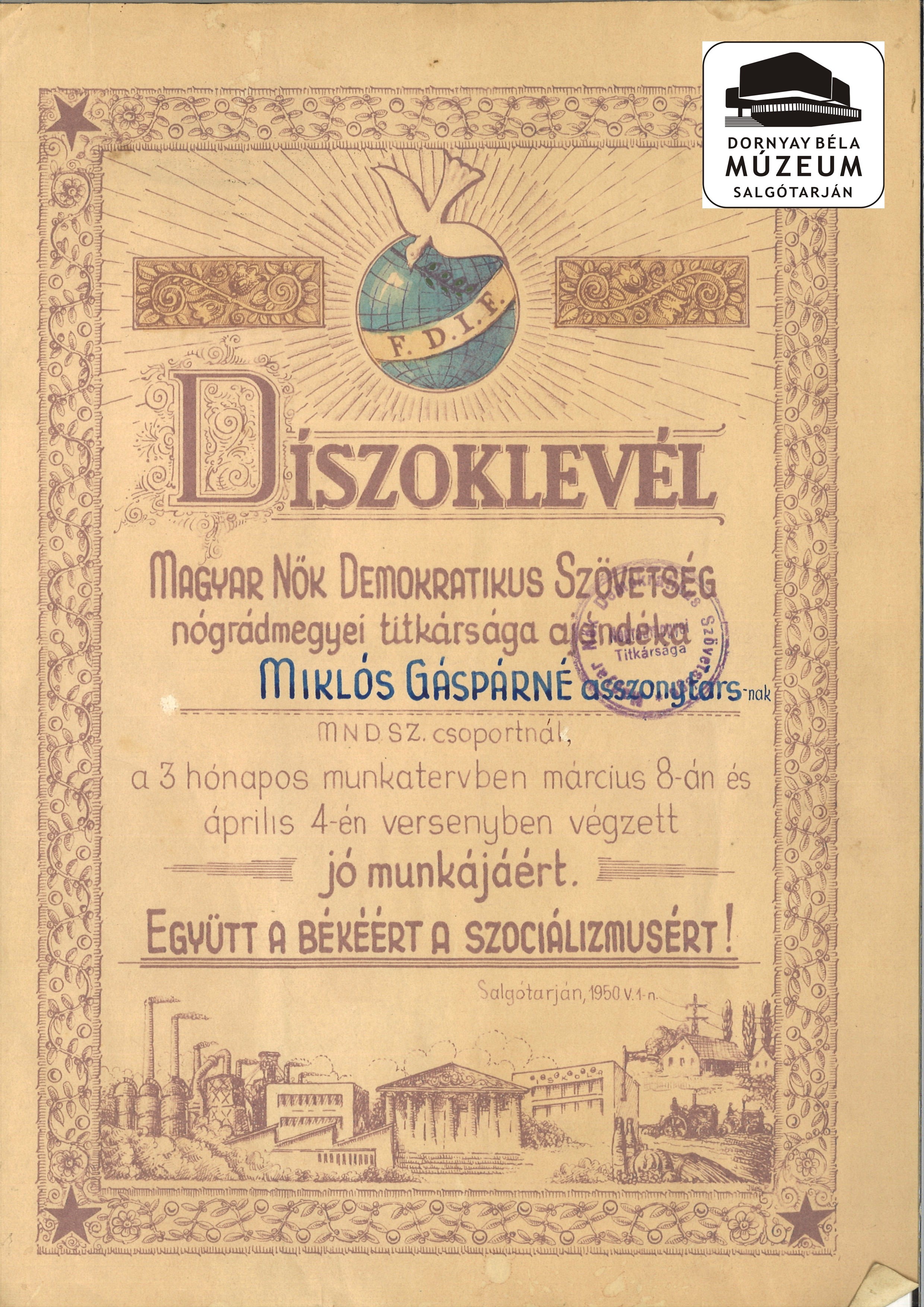 Miklós Gáspárné MNDSz oklevele (Dornyay Béla Múzeum, Salgótarján CC BY-NC-SA)