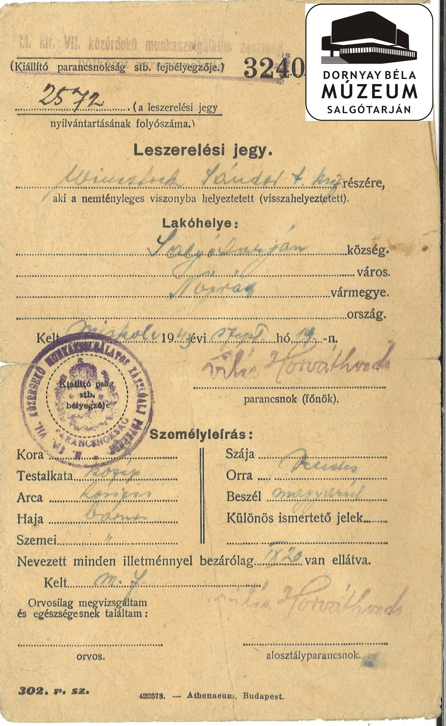 Weinstoch Sándor leszerelési jegye (Dornyay Béla Múzeum, Salgótarján CC BY-NC-SA)