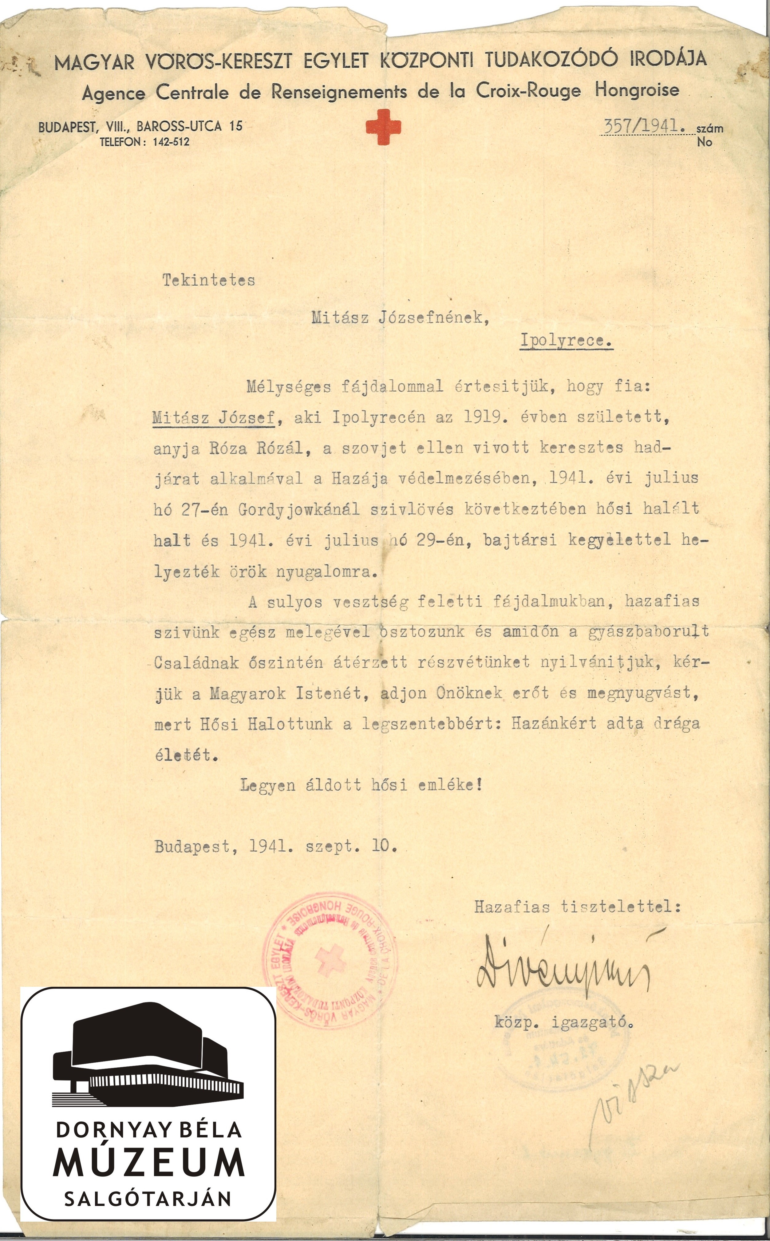 Mitász József haláláról értesítés (Dornyay Béla Múzeum, Salgótarján CC BY-NC-SA)