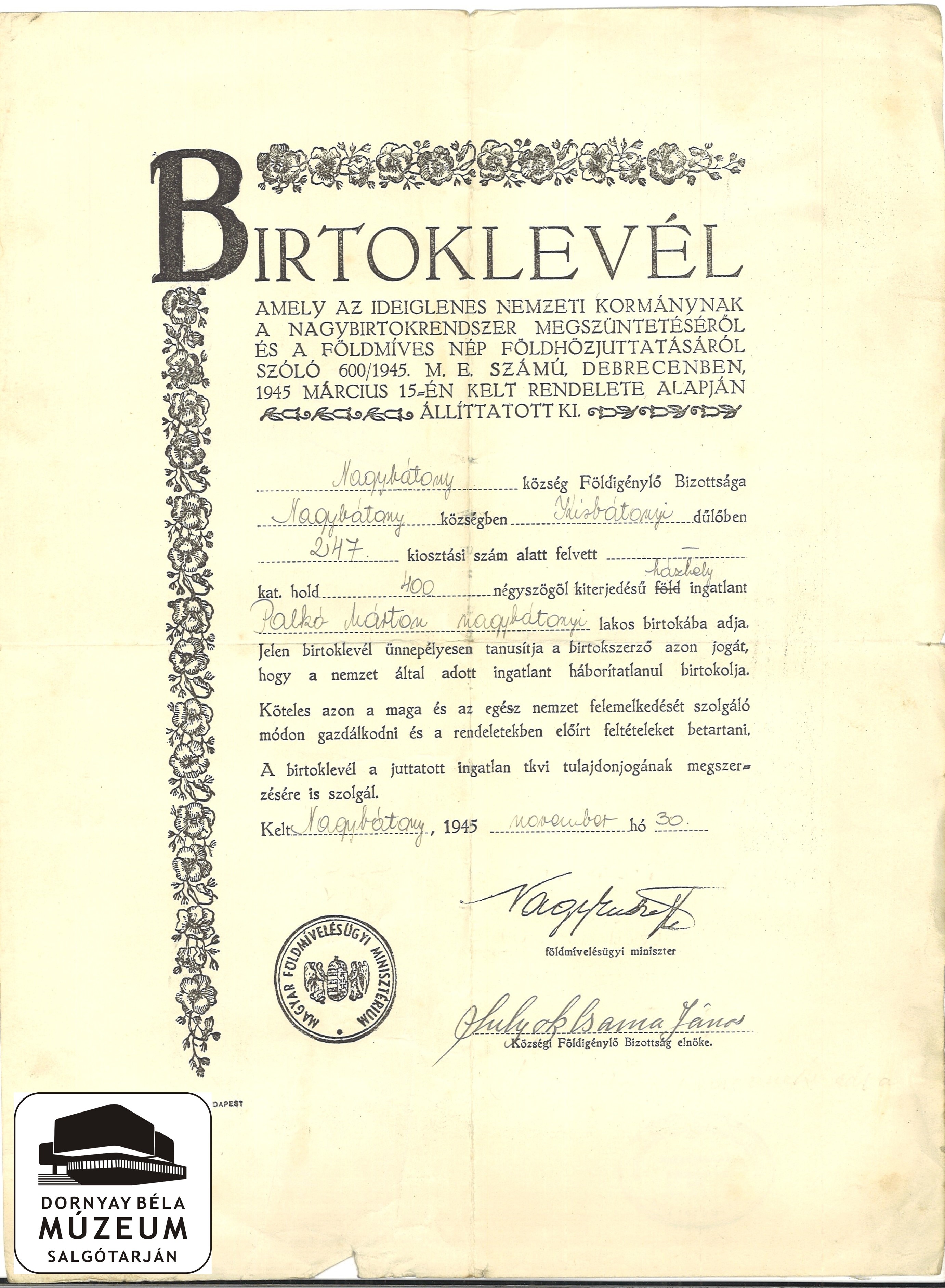 Birtoklevél Palkó Márton névre kiállítva (Dornyay Béla Múzeum, Salgótarján CC BY-NC-SA)