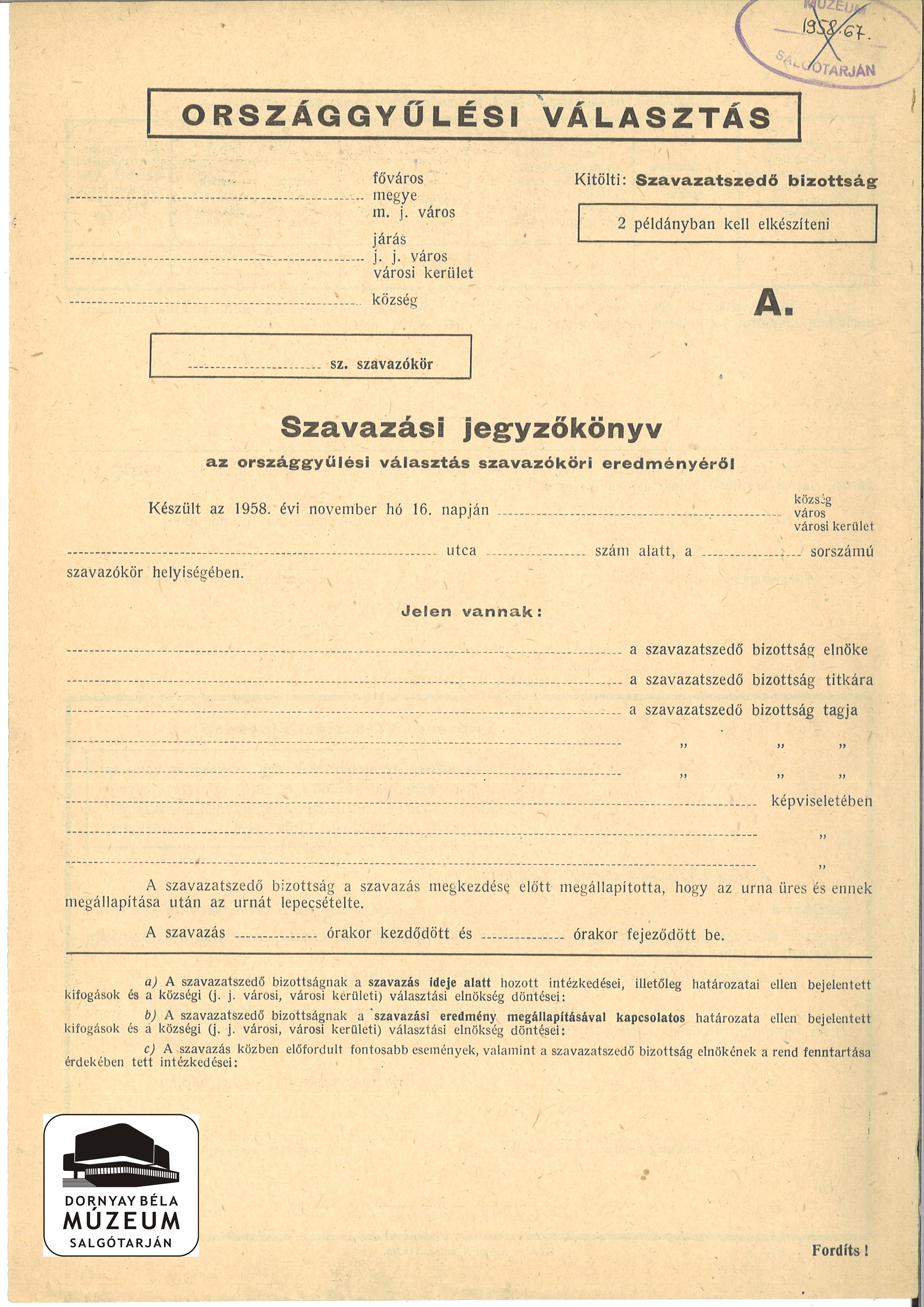 Választás. Szavazási jegyzőkönyv (Dornyay Béla Múzeum, Salgótarján CC BY-NC-SA)