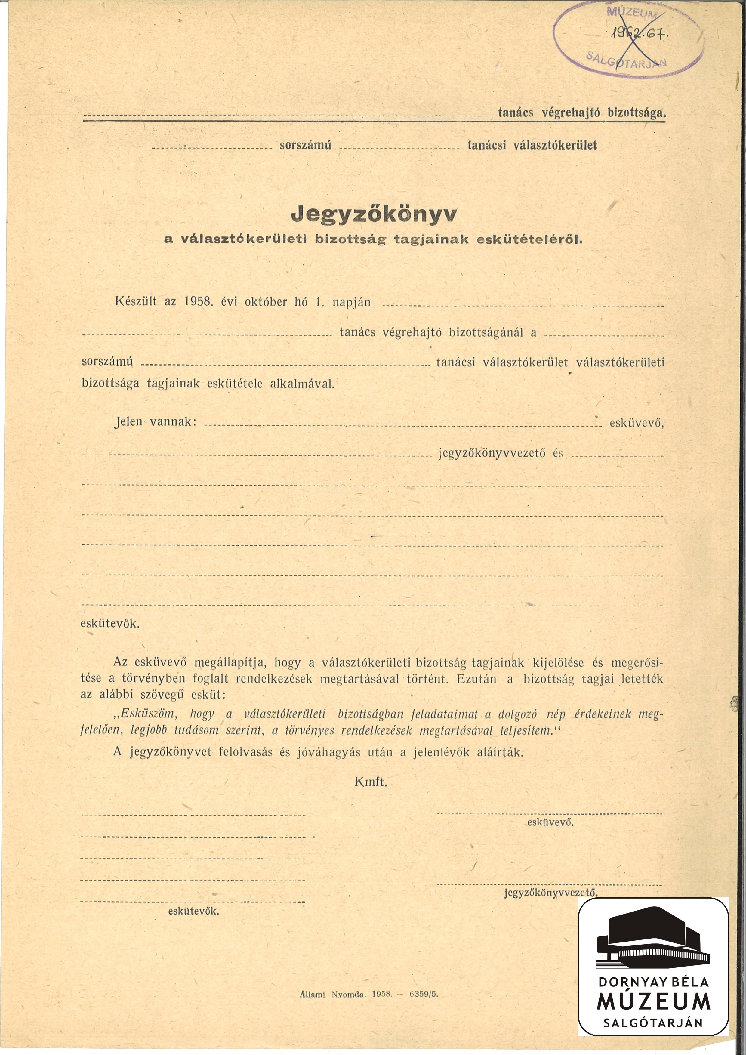 Választás. Jegyzőkönyv választókerületi bizottság tagjainak eskütételéről (Dornyay Béla Múzeum, Salgótarján CC BY-NC-SA)