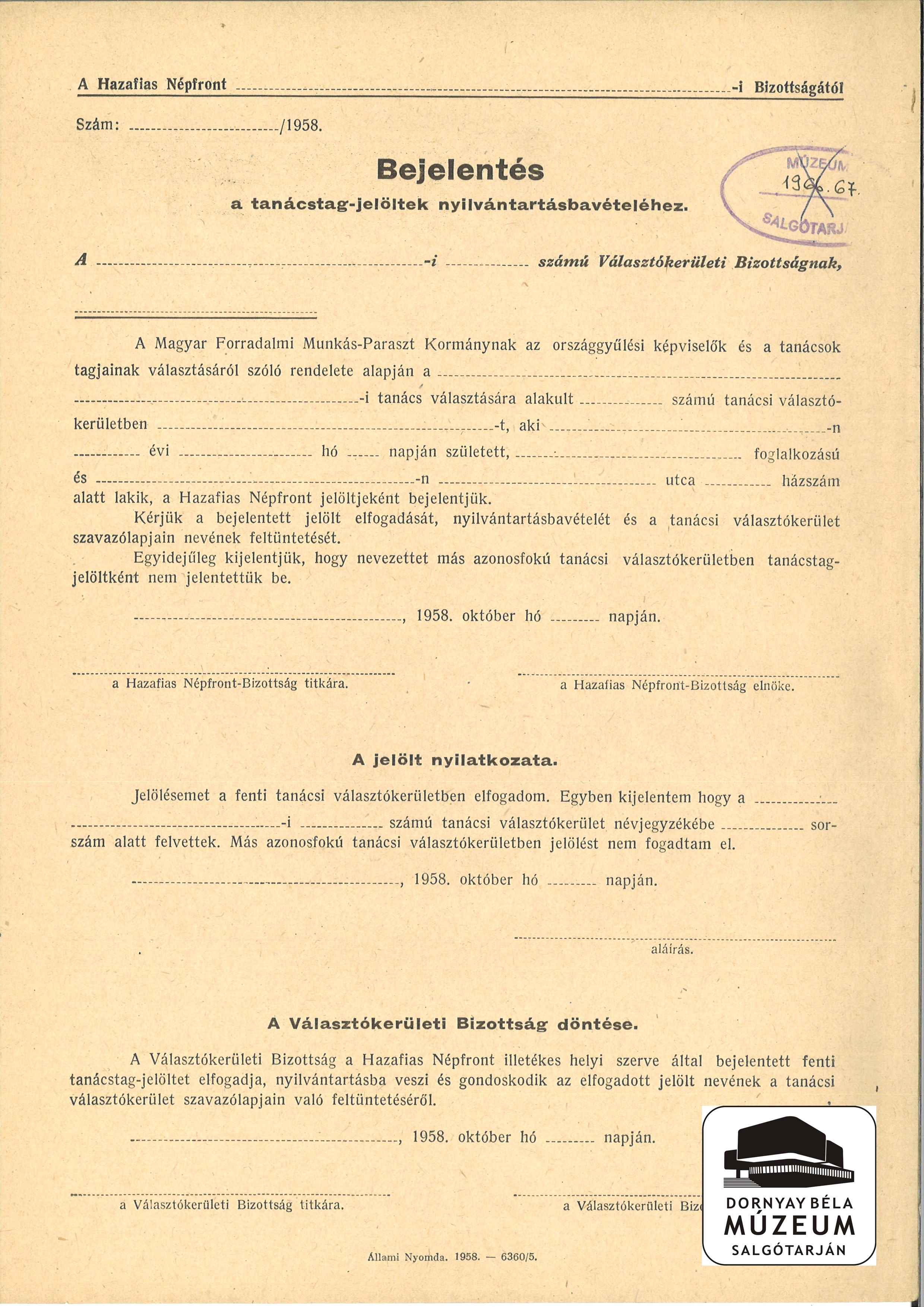 Választás. Bejelentés a tanácstagjelöltek nyivántartásba vételéhez (Dornyay Béla Múzeum, Salgótarján CC BY-NC-SA)