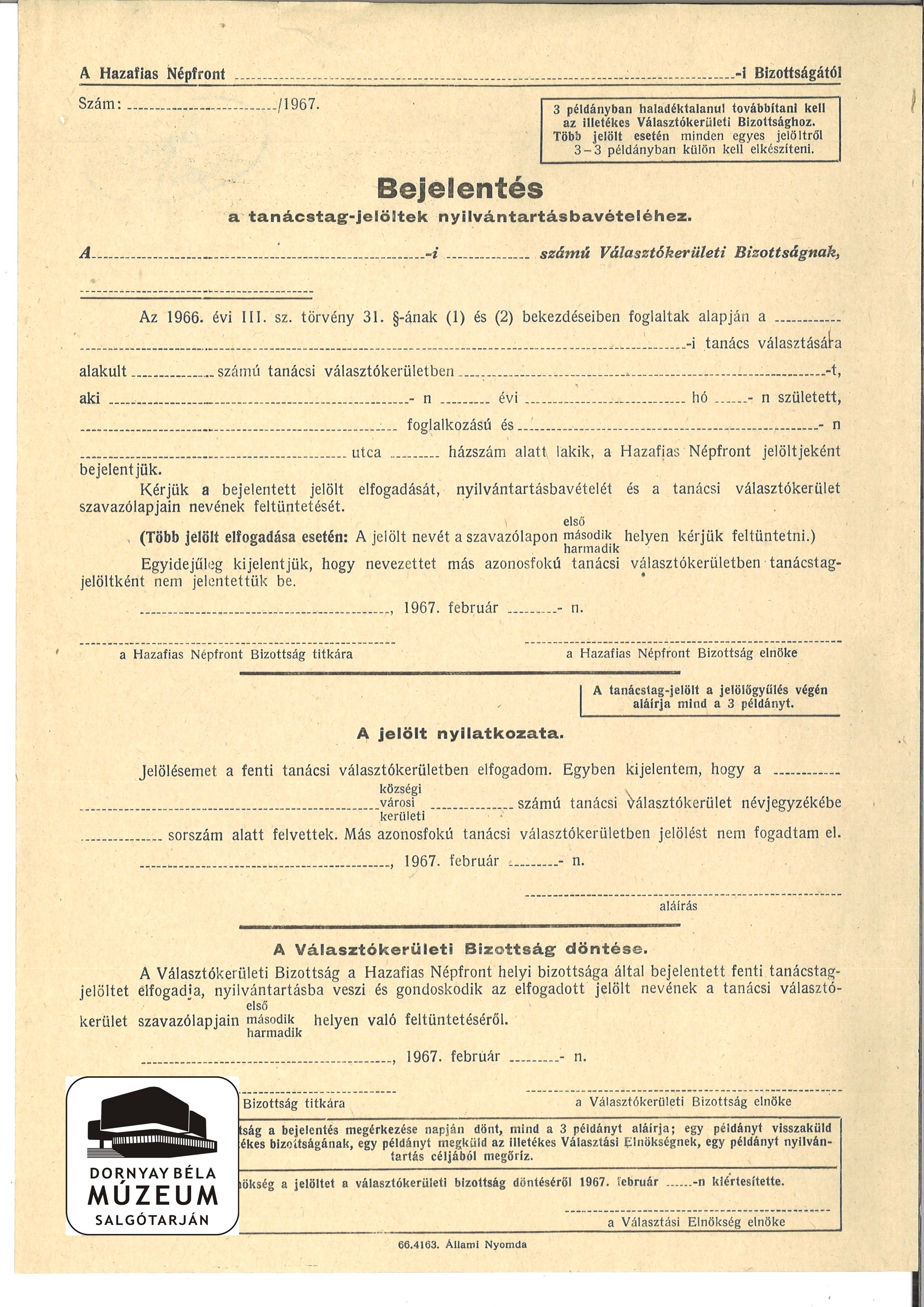 Választás. Bejelentés a tanácstag jelöltek nyilvántartásba vételéhez (Dornyay Béla Múzeum, Salgótarján CC BY-NC-SA)