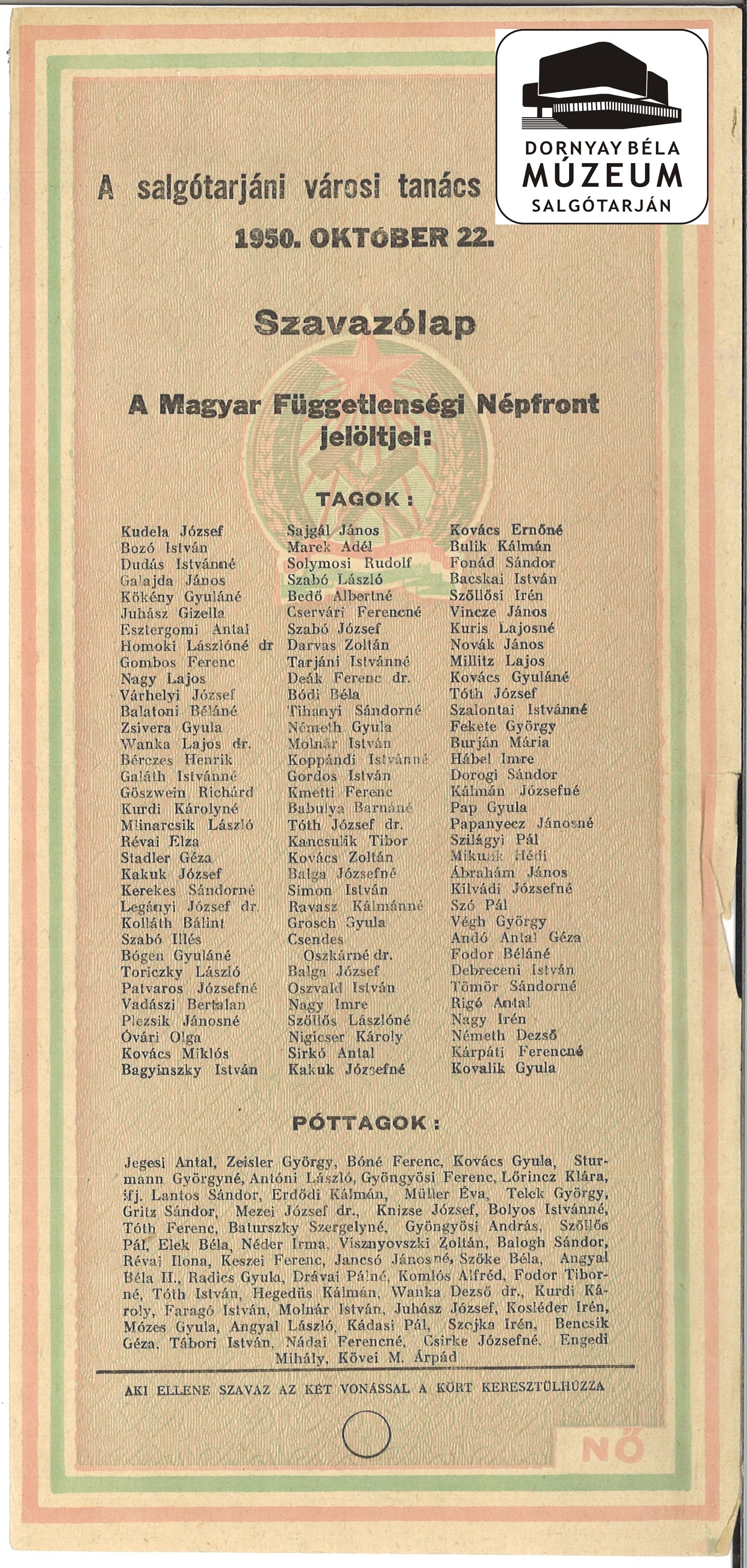 Választás. Magyar Függetlenségi Népfront jelöltjei 1950. okt. 22. (Dornyay Béla Múzeum, Salgótarján CC BY-NC-SA)