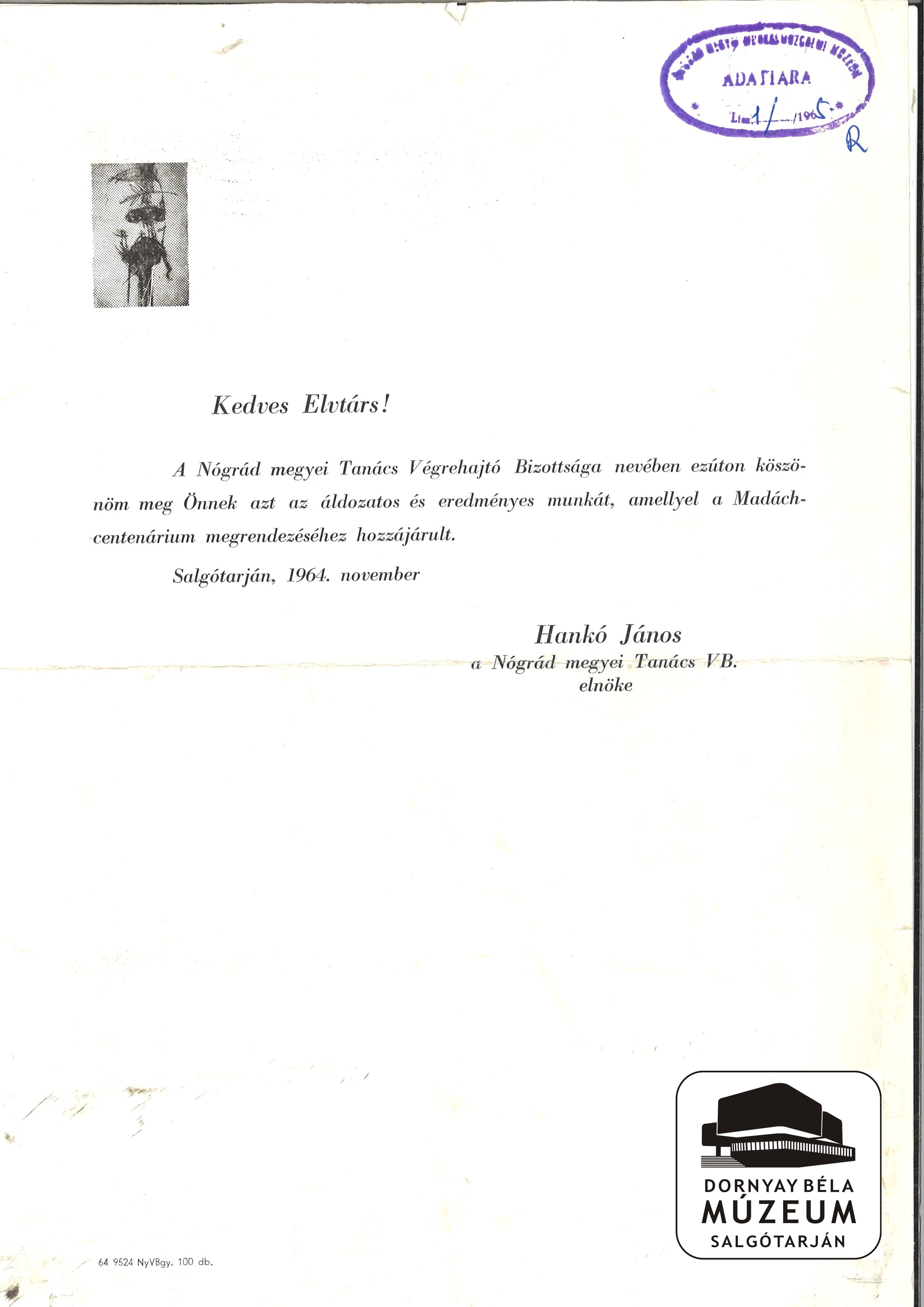 A Madách centenárium emlékére köszönő levél (Dornyay Béla Múzeum, Salgótarján CC BY-NC-SA)