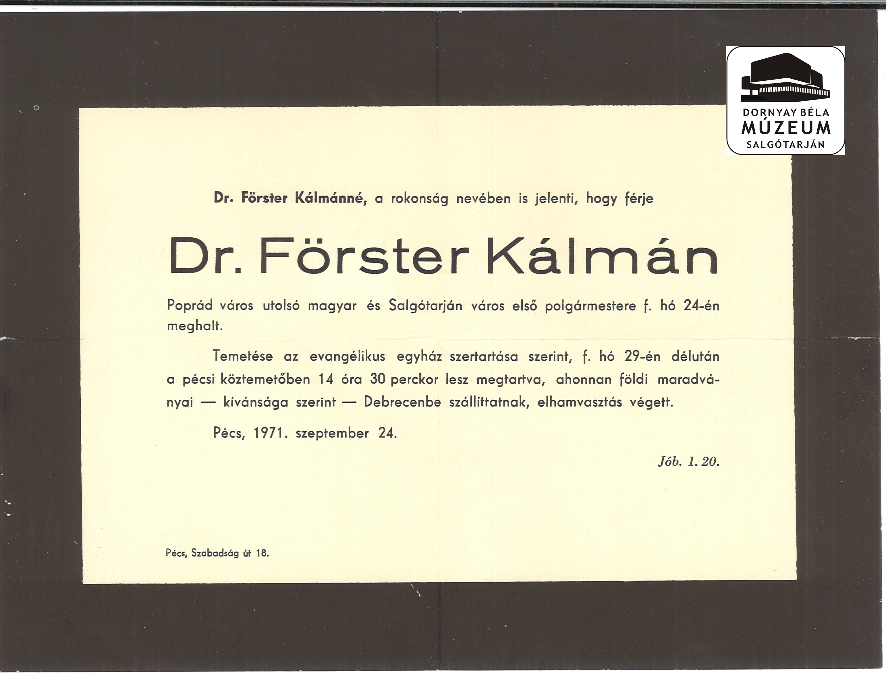 dr. Förster Kálmán gyászjelentése (Dornyay Béla Múzeum, Salgótarján CC BY-NC-SA)